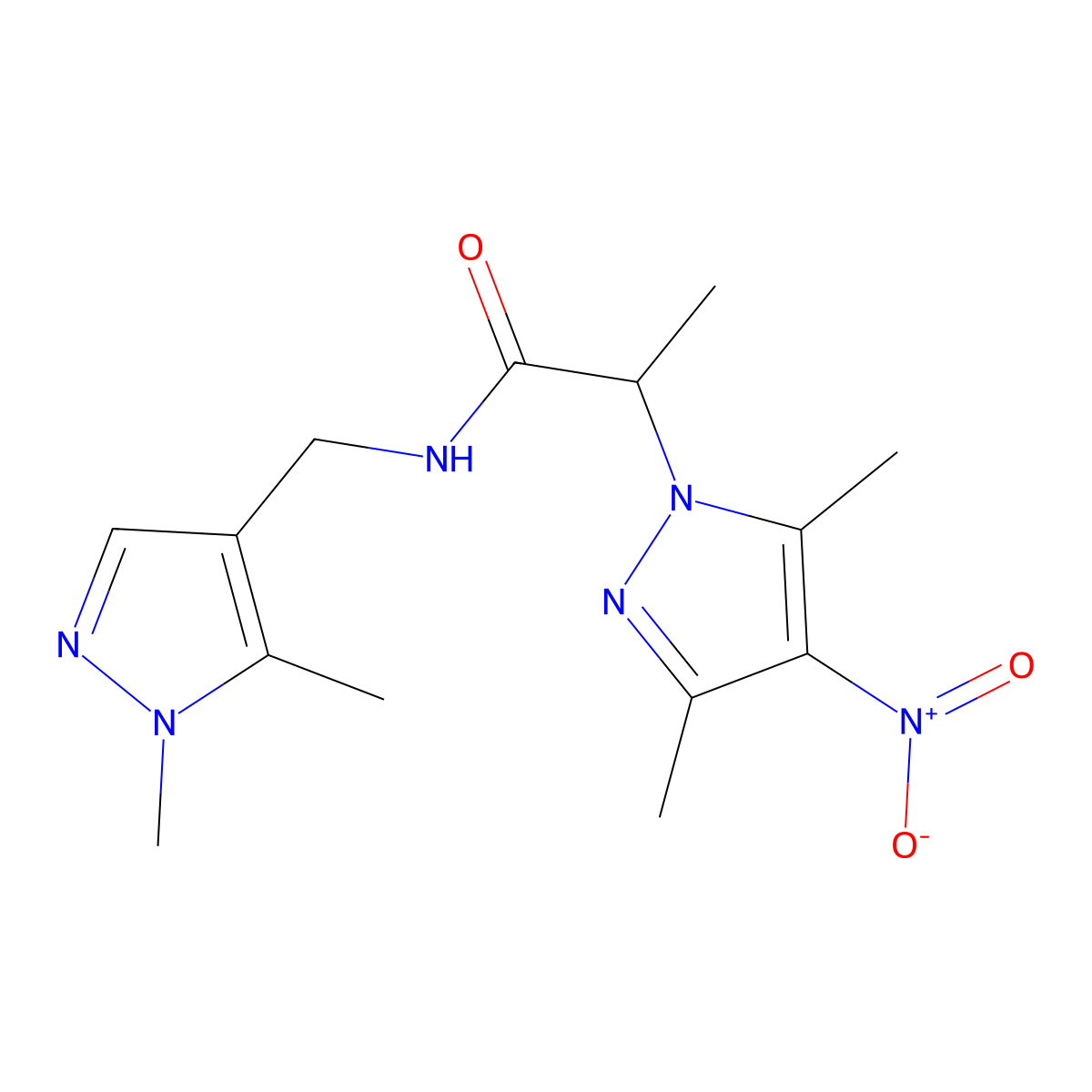 2-(3,5-dimethyl-4-nitropyrazol-1-yl)-N-[(1,5-dimethylpyrazol-4-yl)methyl]propanamide molecular structure, CAS 514799-20-3