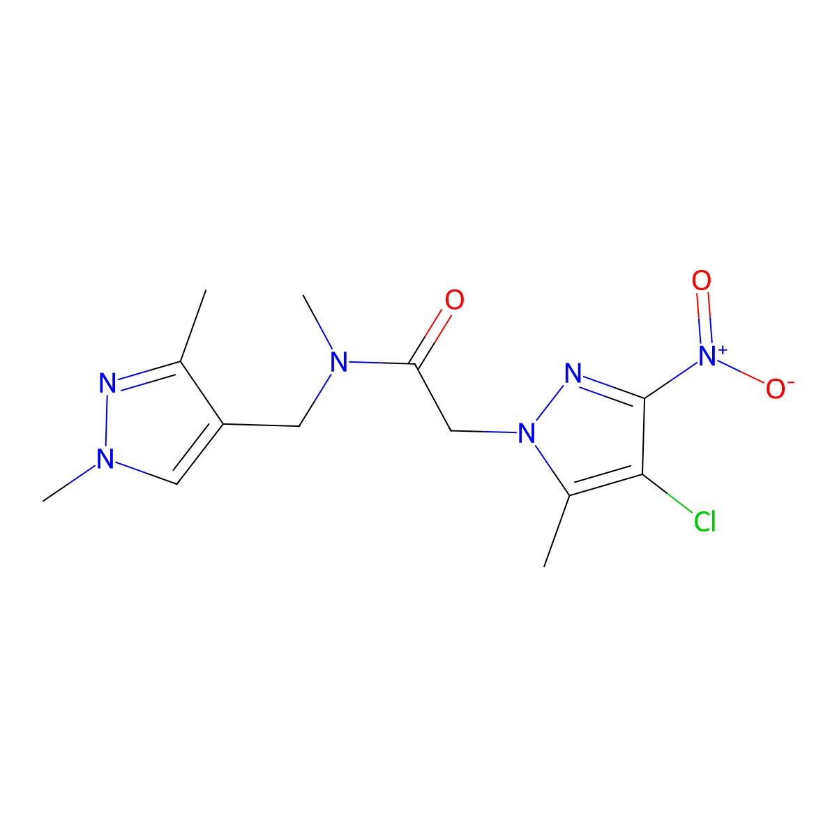 2-(4-chloro-5-methyl-3-nitropyrazol-1-yl)-N-[(1,3-dimethylpyrazol-4-yl)methyl]-N-methylacetamide molecular structure, CAS 514799-24-7
