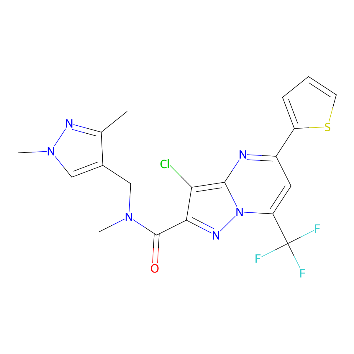 3-chloro-N-[(1,3-dimethylpyrazol-4-yl)methyl]-N-methyl-5-thiophen-2-yl-7-(trifluoromethyl)pyrazolo[1,5-a]pyrimidine-2-carboxamide molecular structure, CAS 514799-29-2