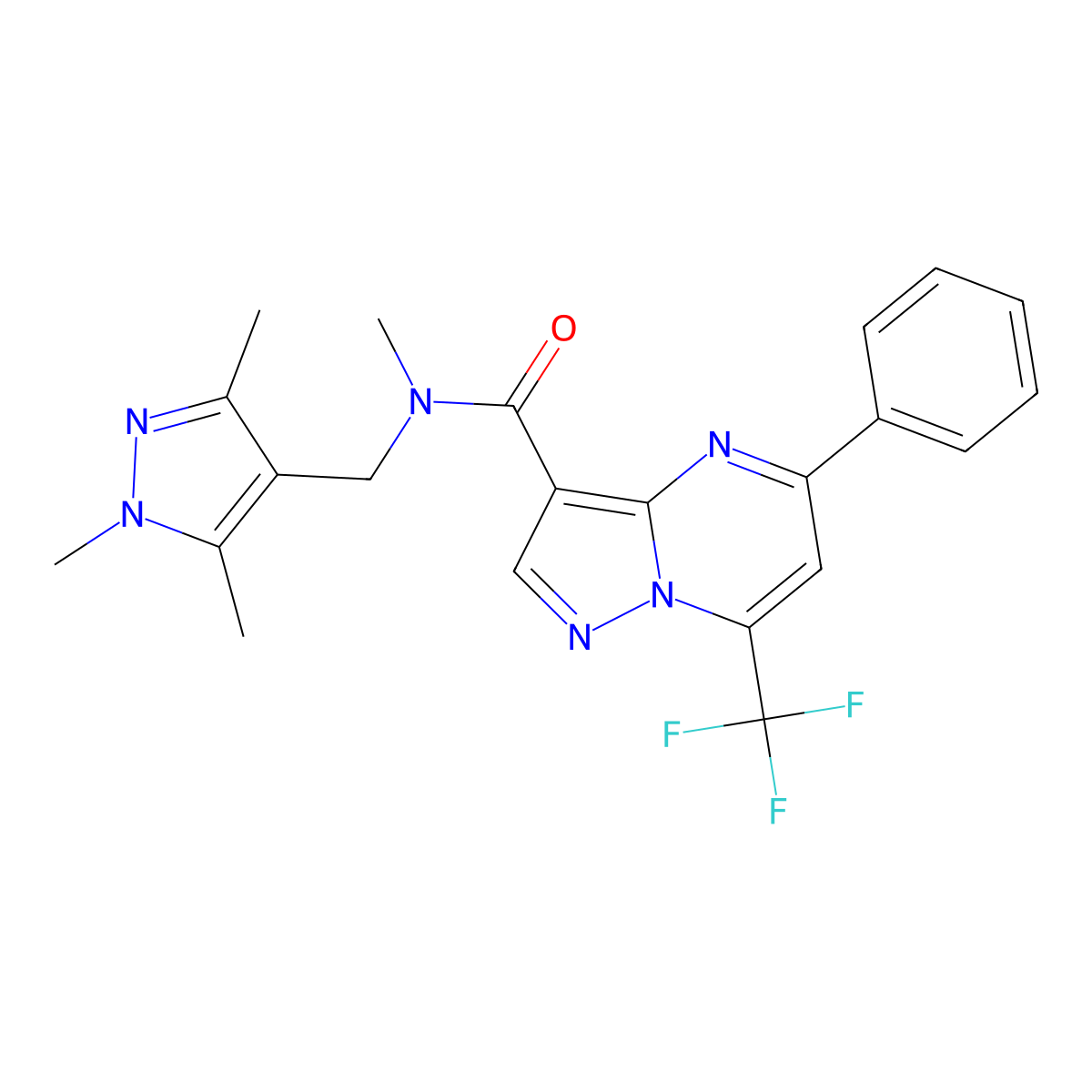 N-methyl-5-phenyl-7-(trifluoromethyl)-N-[(1,3,5-trimethyl-1H-pyrazol-4-yl)methyl]pyrazolo[1,5-a]pyrimidine-3-carboxamide molecular structure, CAS 514799-32-7