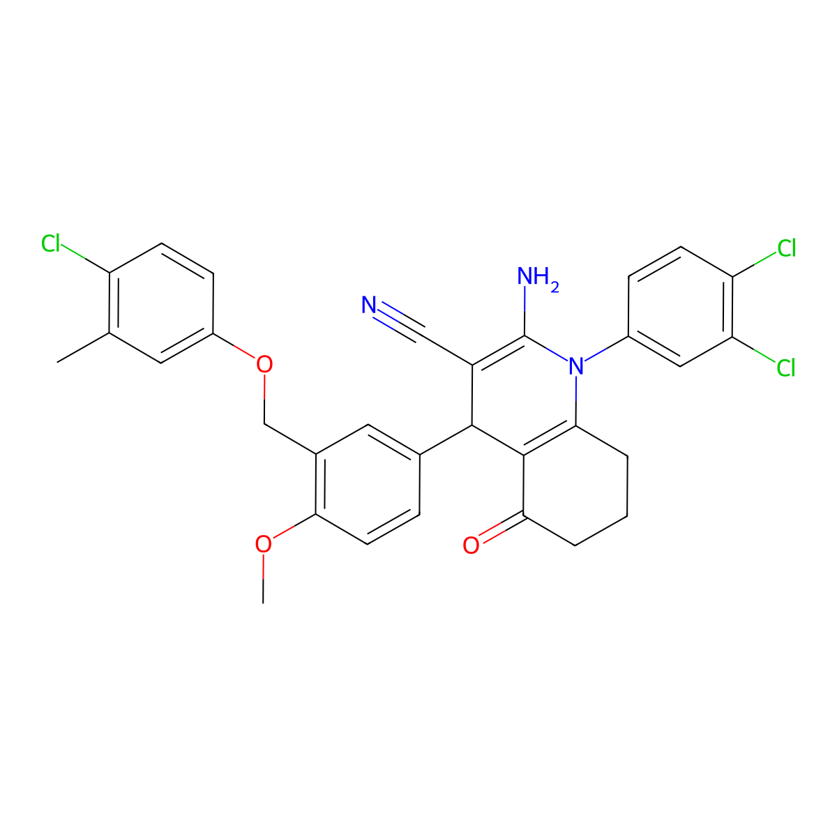 2-Amino-4-[3-[(4-chloro-3-methylphenoxy)methyl]-4-methoxyphenyl]-1-(3,4-dichlorophenyl)-5-oxo-4,6,7,8-tetrahydroquinoline-3-carbonitrile molecular structure, CAS 514799-79-2