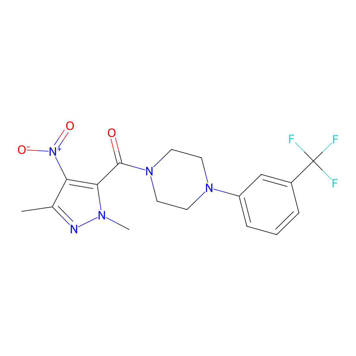 (2,5-Dimethyl-4-nitropyrazol-3-yl)-[4-[3-(trifluoromethyl)phenyl]piperazin-1-yl]methanone molecular structure, CAS 514800-15-8