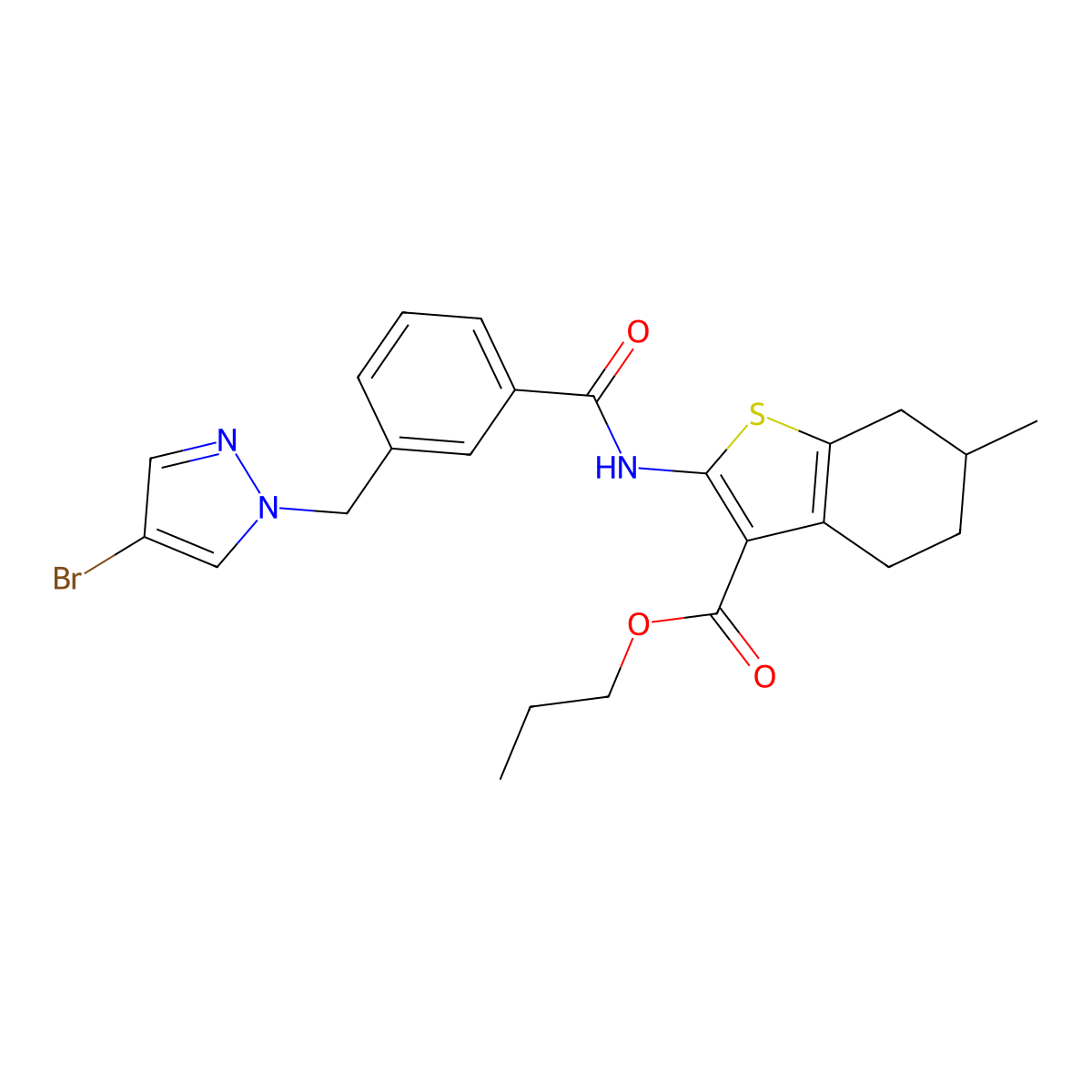 propyl 2-({3-[(4-bromo-1H-pyrazol-1-yl)methyl]benzoyl}amino)-6-methyl-4,5,6,7-tetrahydro-1-benzothiophene-3-carboxylate molecular structure, CAS 514800-22-7