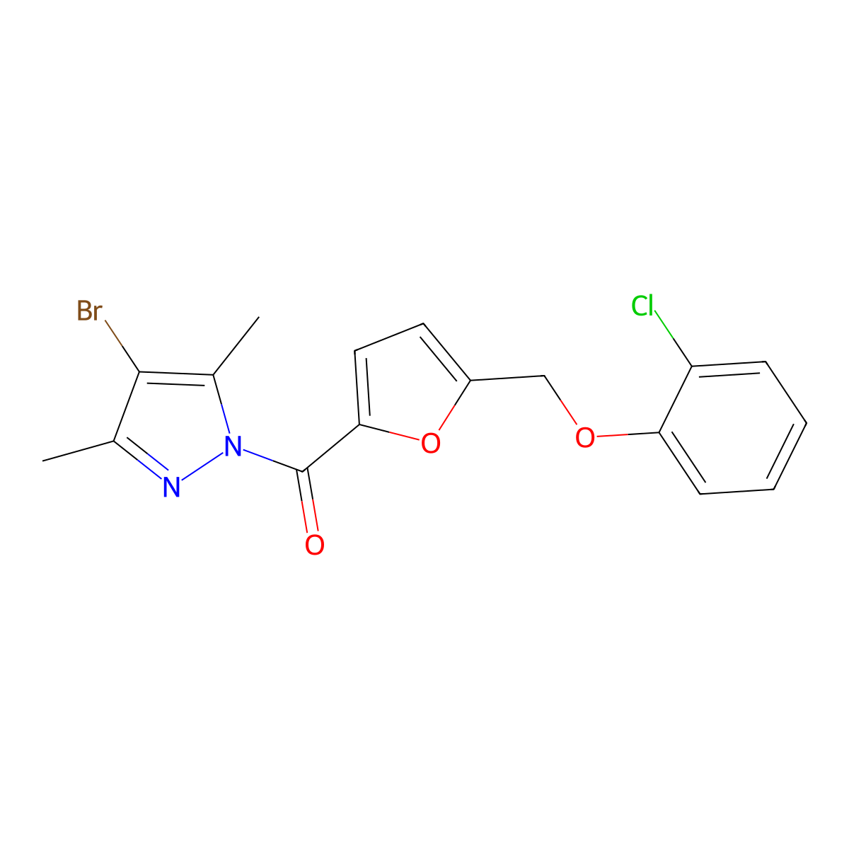(4-Bromo-3,5-dimethylpyrazol-1-yl)-[5-[(2-chlorophenoxy)methyl]furan-2-yl]methanone molecular structure, CAS 514800-30-7