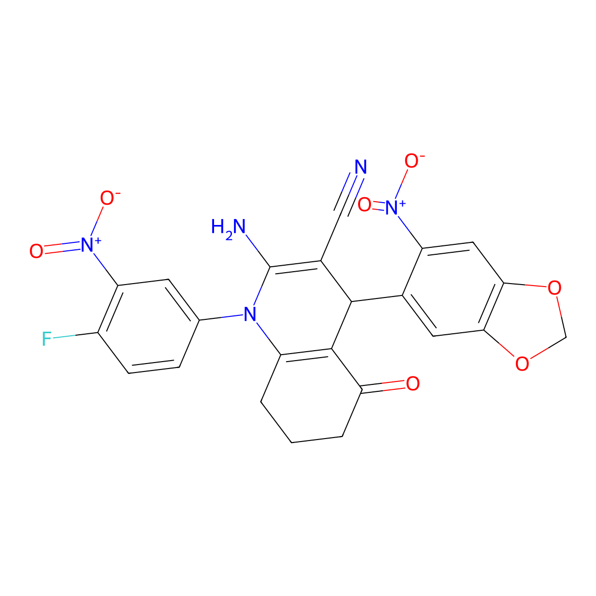 2-Amino-1-{4-fluoro-3-nitrophenyl}-4-{6-nitro-1,3-benzodioxol-5-yl}-5-oxo-1,4,5,6,7,8-hexahydro-3-quinolinecarbonitrile molecular structure, CAS 514800-40-9