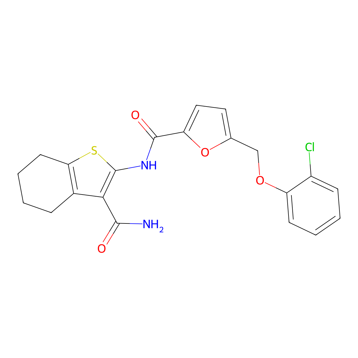 N-(3-carbamoyl-4,5,6,7-tetrahydro-1-benzothiophen-2-yl)-5-[(2-chlorophenoxy)methyl]furan-2-carboxamide molecular structure, CAS 514800-79-4