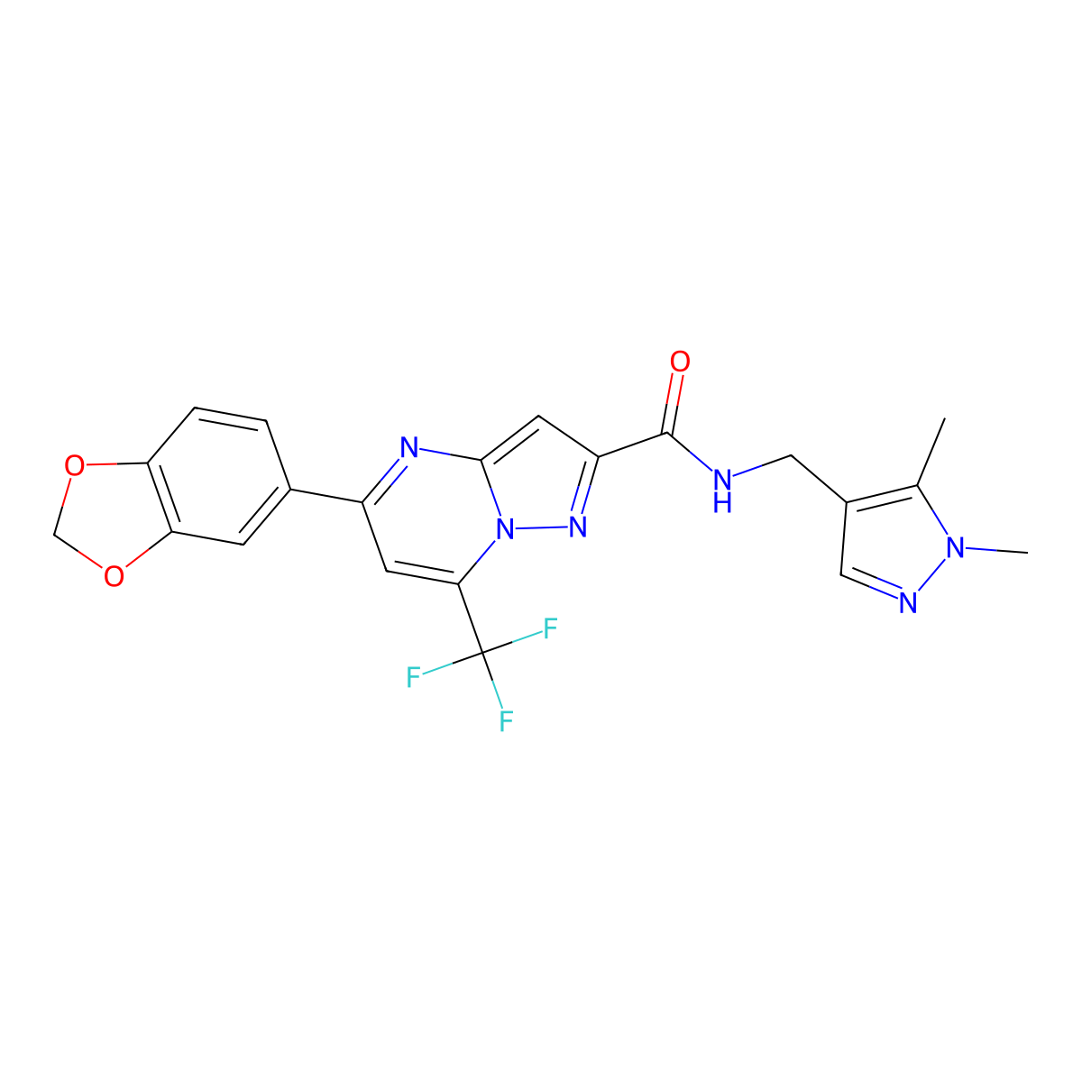 Pyrazolo[1,5-a]pyrimidine-2-carboxamide, 5-(1,3-benzodioxol-5-yl)-N-[(1,5-dimethyl-1H-pyrazol-4-yl)methyl]-7-(trifluoromethyl)- molecular structure, CAS 514801-19-5