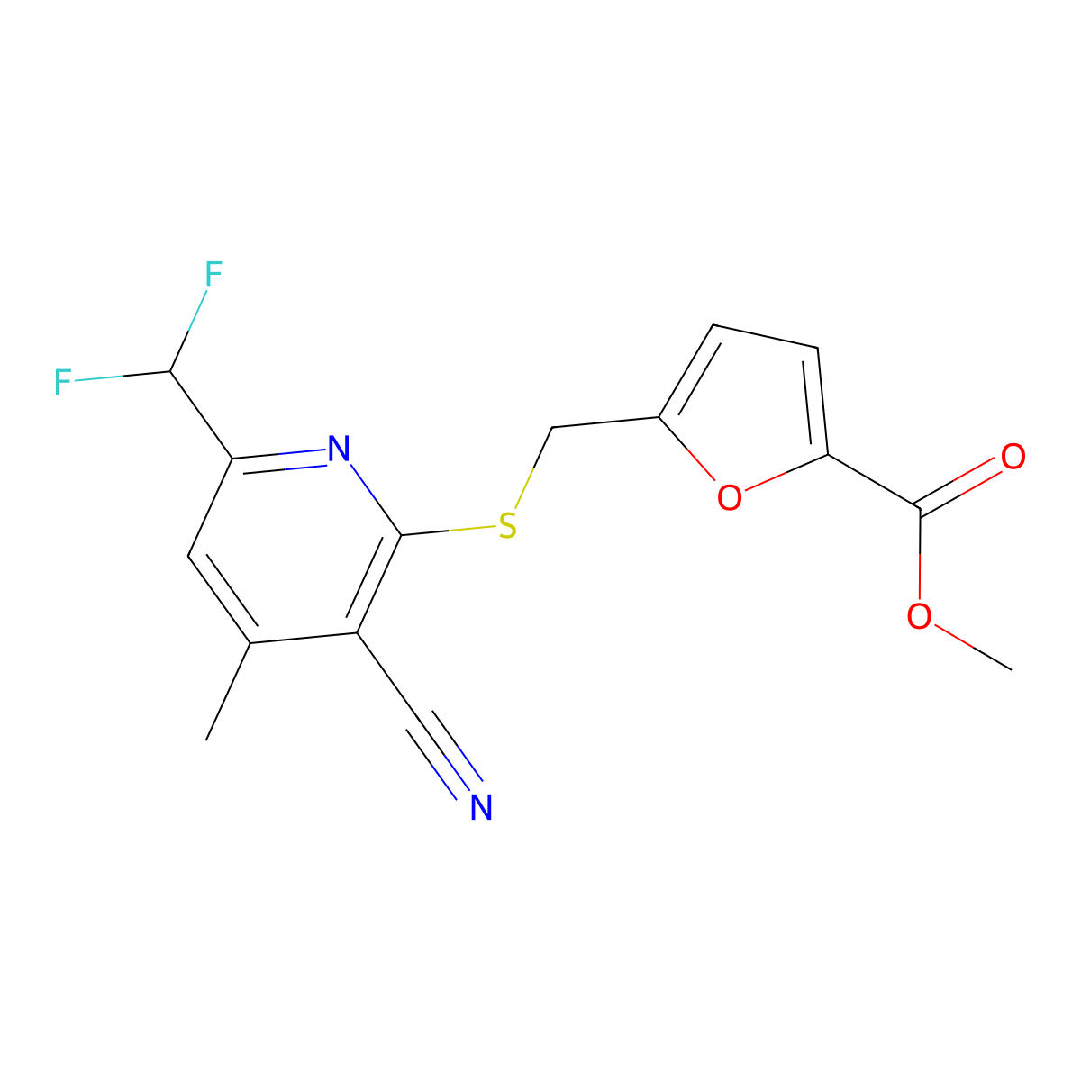 Methyl 5-({[3-cyano-6-(difluoromethyl)-4-methyl-2-pyridinyl]sulfanyl}methyl)-2-furoate molecular structure, CAS 514801-35-5