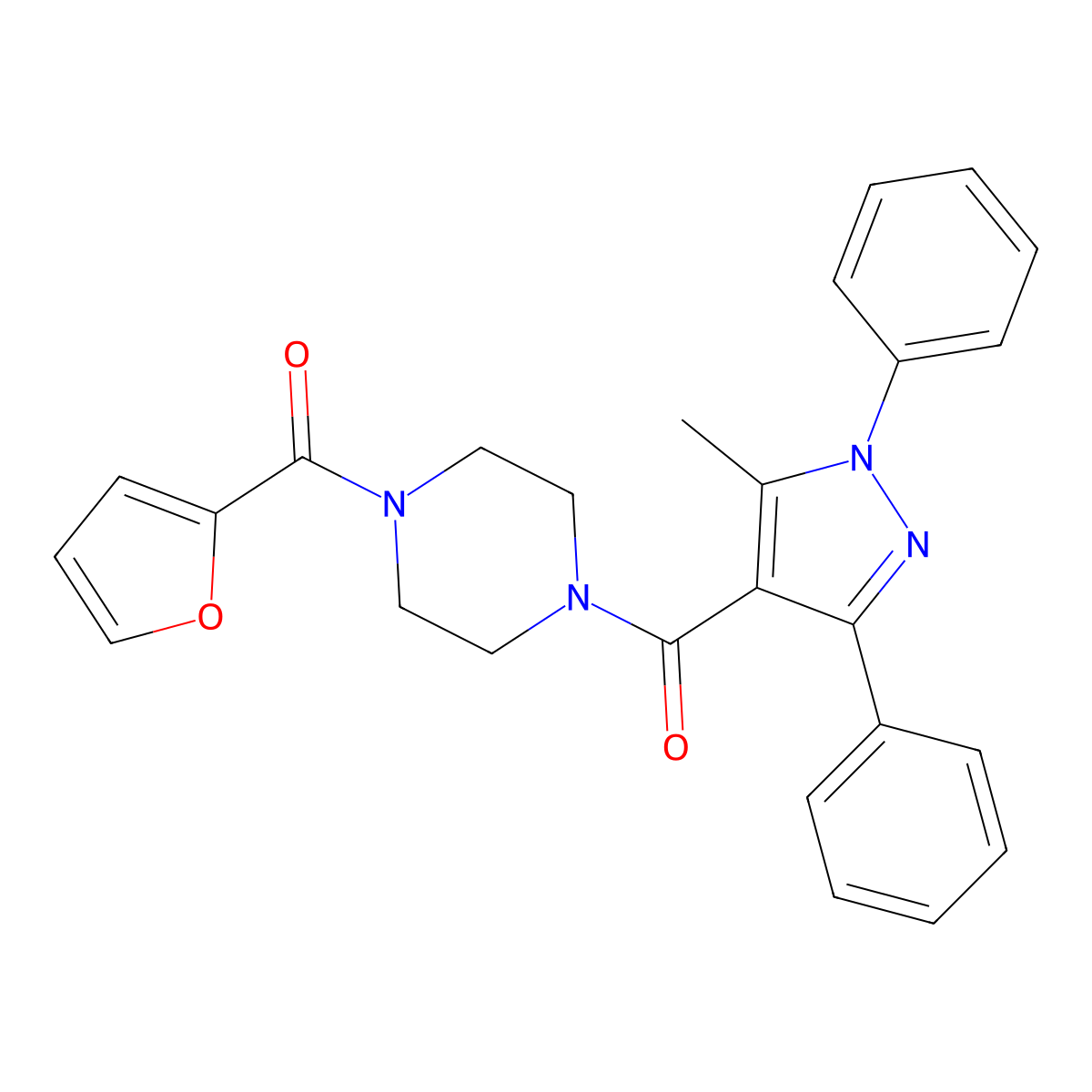 Furan-2-yl-[4-(5-methyl-1,3-diphenylpyrazole-4-carbonyl)piperazin-1-yl]methanone molecular structure, CAS 514801-46-8