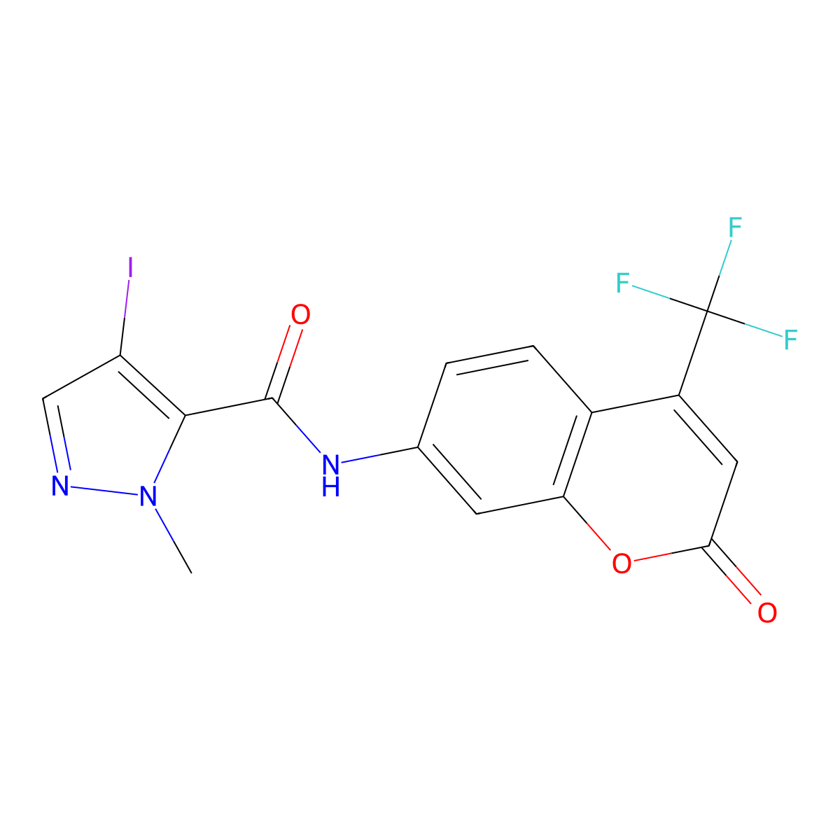 4-iodo-1-methyl-N-[2-oxo-4-(trifluoromethyl)-2H-chromen-7-yl]-1H-pyrazole-5-carboxamide molecular structure, CAS 514815-99-7