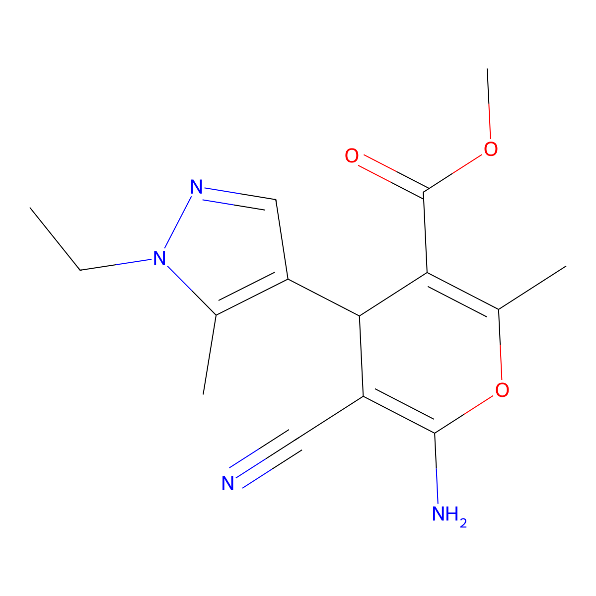 methyl 6-amino-5-cyano-4-(1-ethyl-5-methyl-1H-pyrazol-4-yl)-2-methyl-4H-pyran-3-carboxylate molecular structure, CAS 514816-29-6