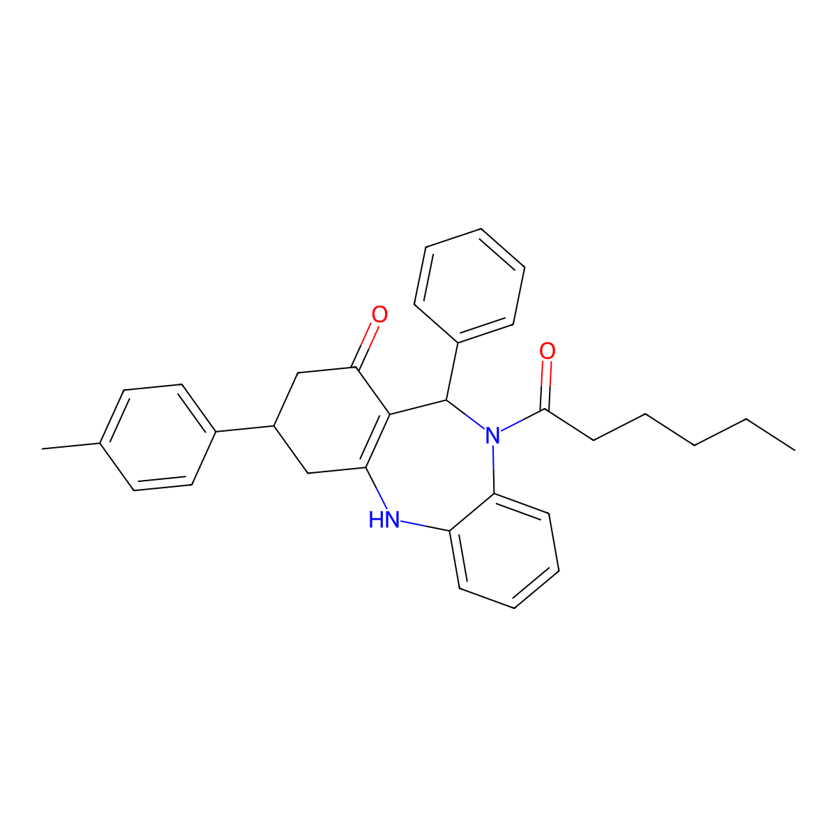 5-hexanoyl-9-(4-methylphenyl)-6-phenyl-8,9,10,11-tetrahydro-6H-benzo[b][1,4]benzodiazepin-7-one molecular structure, CAS 514816-32-1