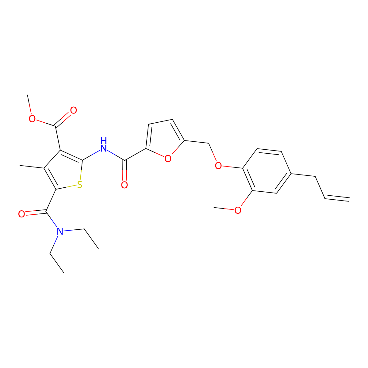 Methyl 2-({5-[(4-allyl-2-methoxyphenoxy)methyl]-2-furoyl}amino)-5-[(diethylamino)carbonyl]-4-methyl-3-thiophenecarboxylate molecular structure, CAS 514816-38-7