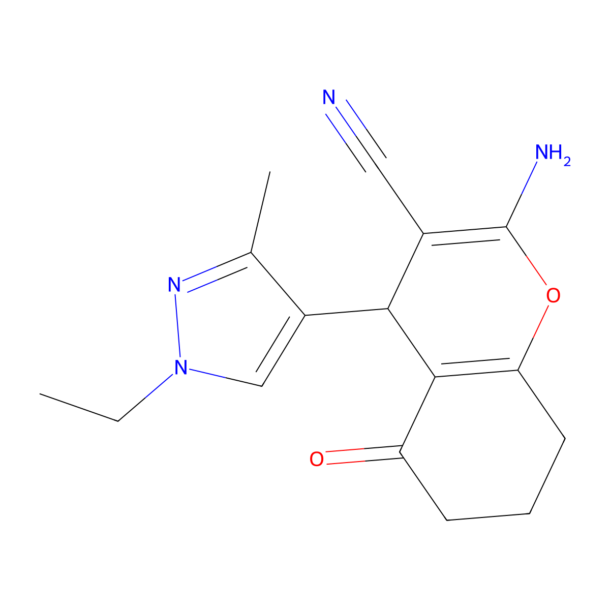 2-Amino-4-(1-ethyl-3-methylpyrazol-4-yl)-5-oxo-4,6,7,8-tetrahydrochromene-3-carbonitrile molecular structure, CAS 514816-47-8