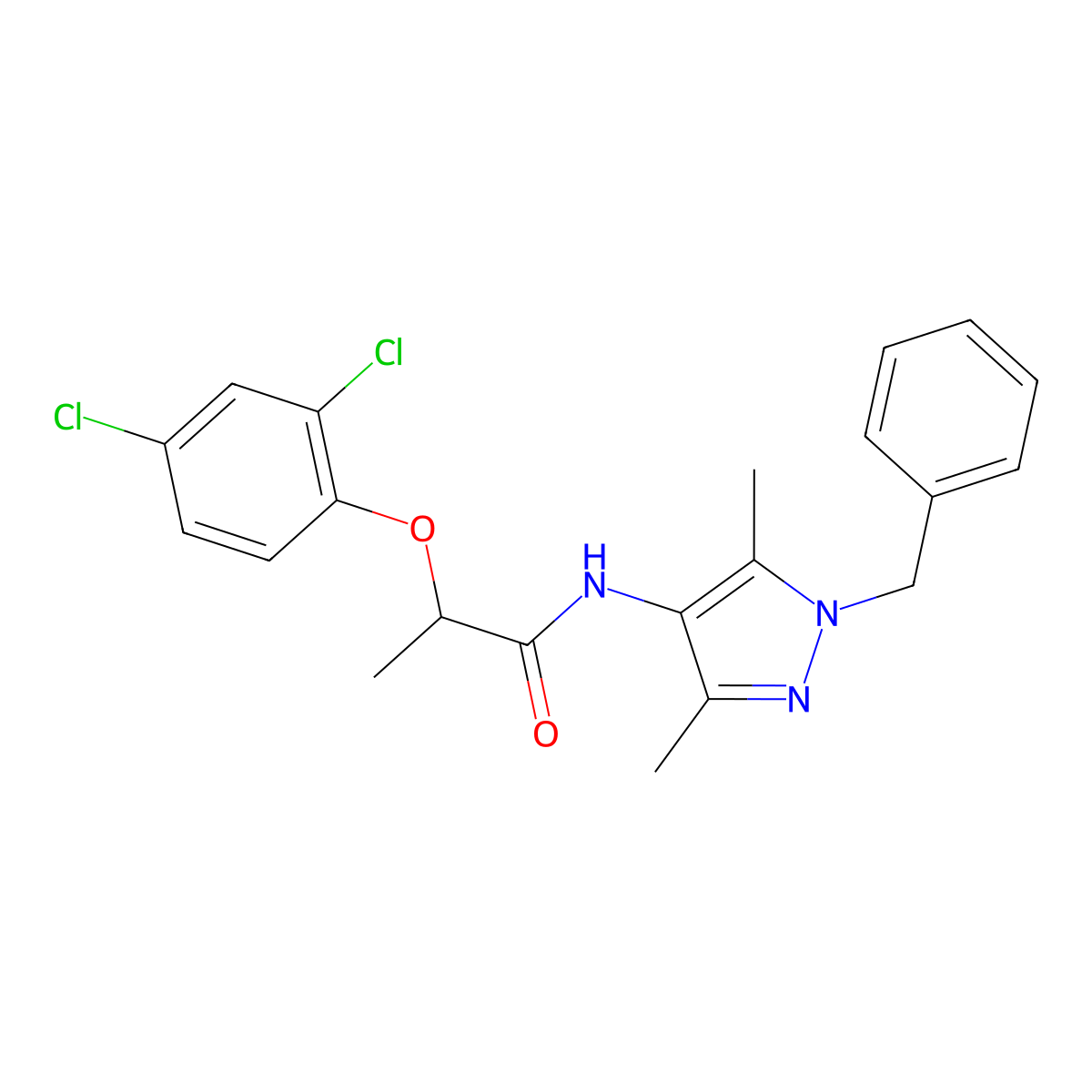 N-(1-benzyl-3,5-dimethyl-1H-pyrazol-4-yl)-2-(2,4-dichlorophenoxy)propanamide molecular structure, CAS 514816-54-7