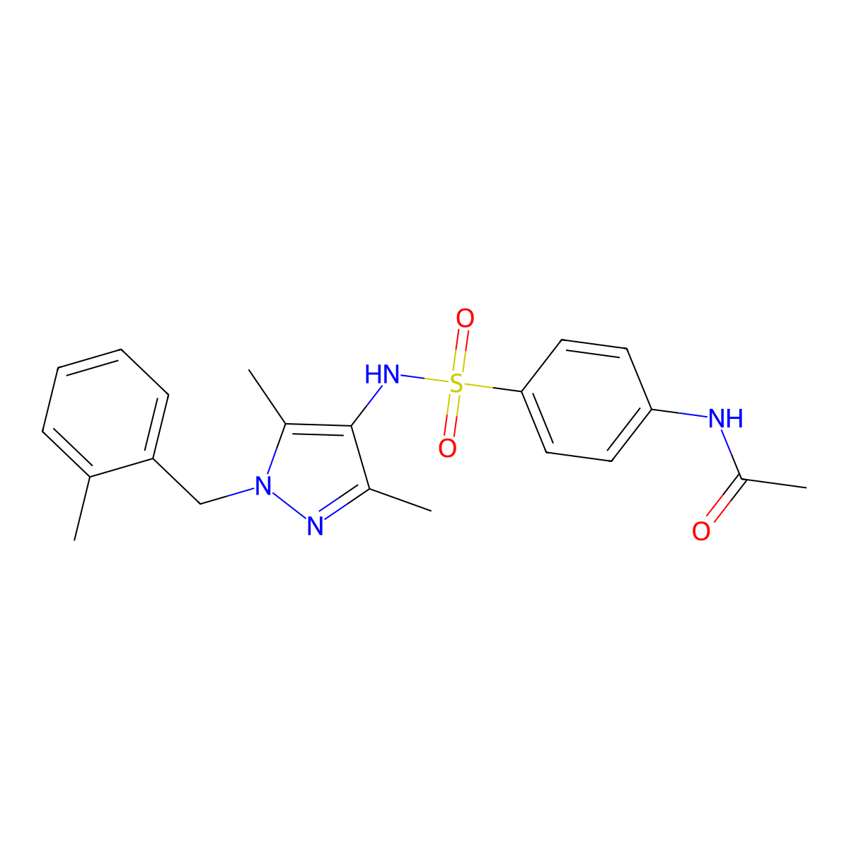 N-[4-[[3,5-dimethyl-1-[(2-methylphenyl)methyl]pyrazol-4-yl]sulfamoyl]phenyl]acetamide molecular structure, CAS 514816-59-2