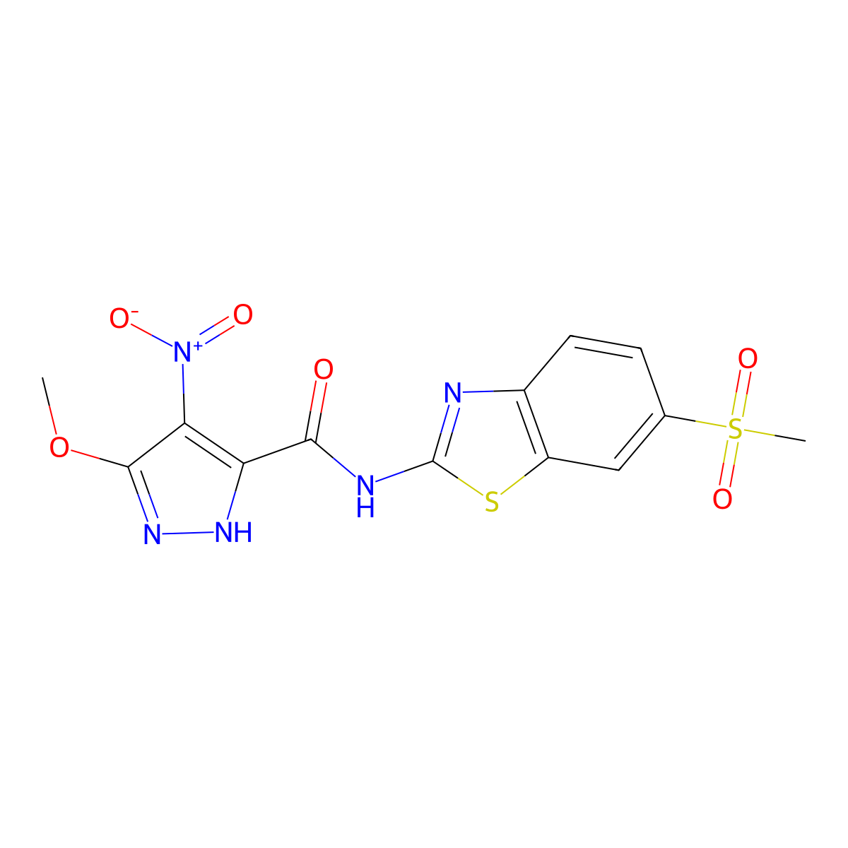3-methoxy-N-(6-methylsulfonyl-1,3-benzothiazol-2-yl)-4-nitro-1H-pyrazole-5-carboxamide molecular structure, CAS 514817-06-2