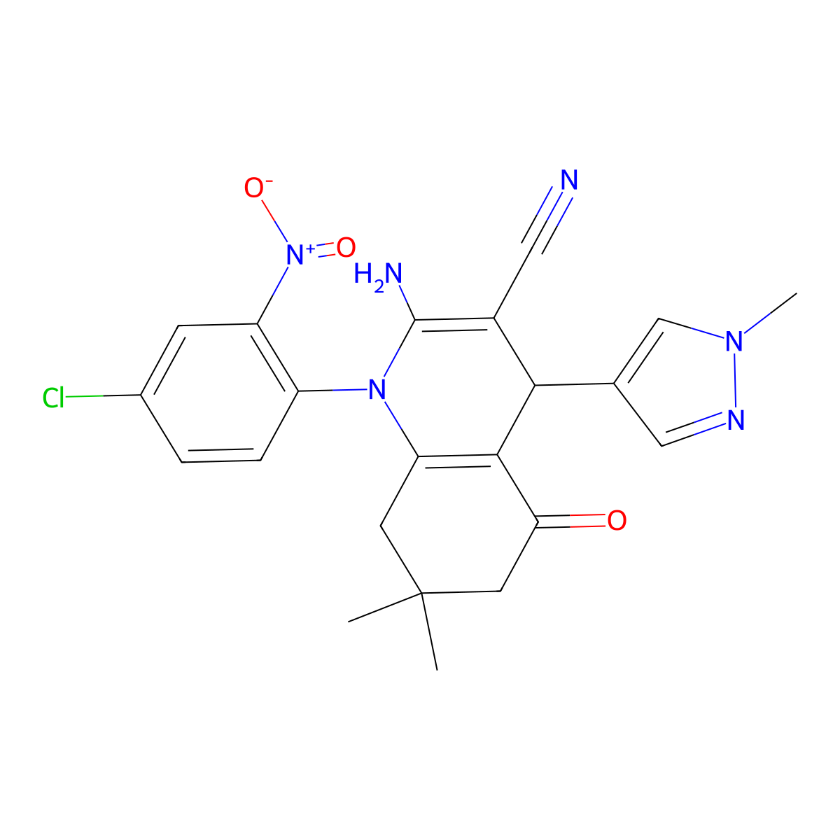 2-amino-1-(4-chloro-2-nitrophenyl)-7,7-dimethyl-4-(1-methylpyrazol-4-yl)-5-oxo-6,8-dihydro-4H-quinoline-3-carbonitrile molecular structure, CAS 514817-11-9