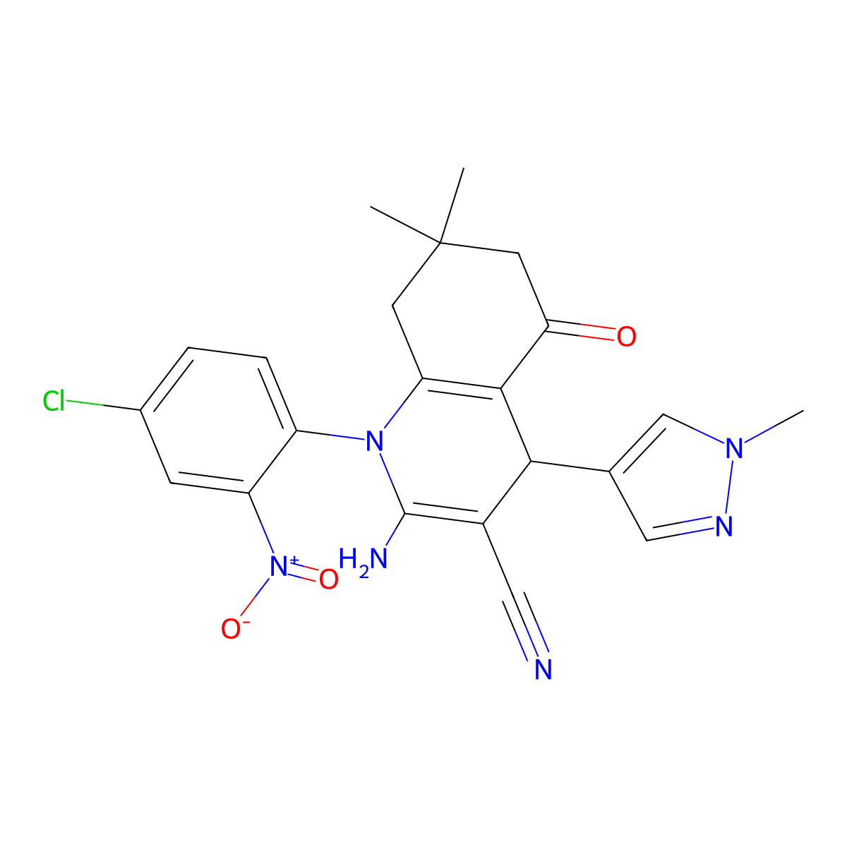 2-amino-1-(4-chloro-2-nitrophenyl)-7,7-dimethyl-4-(1-methylpyrazol-4-yl)-5-oxo-6,8-dihydro-4H-quinoline-3-carbonitrile molecular structure, CAS 514817-11-9