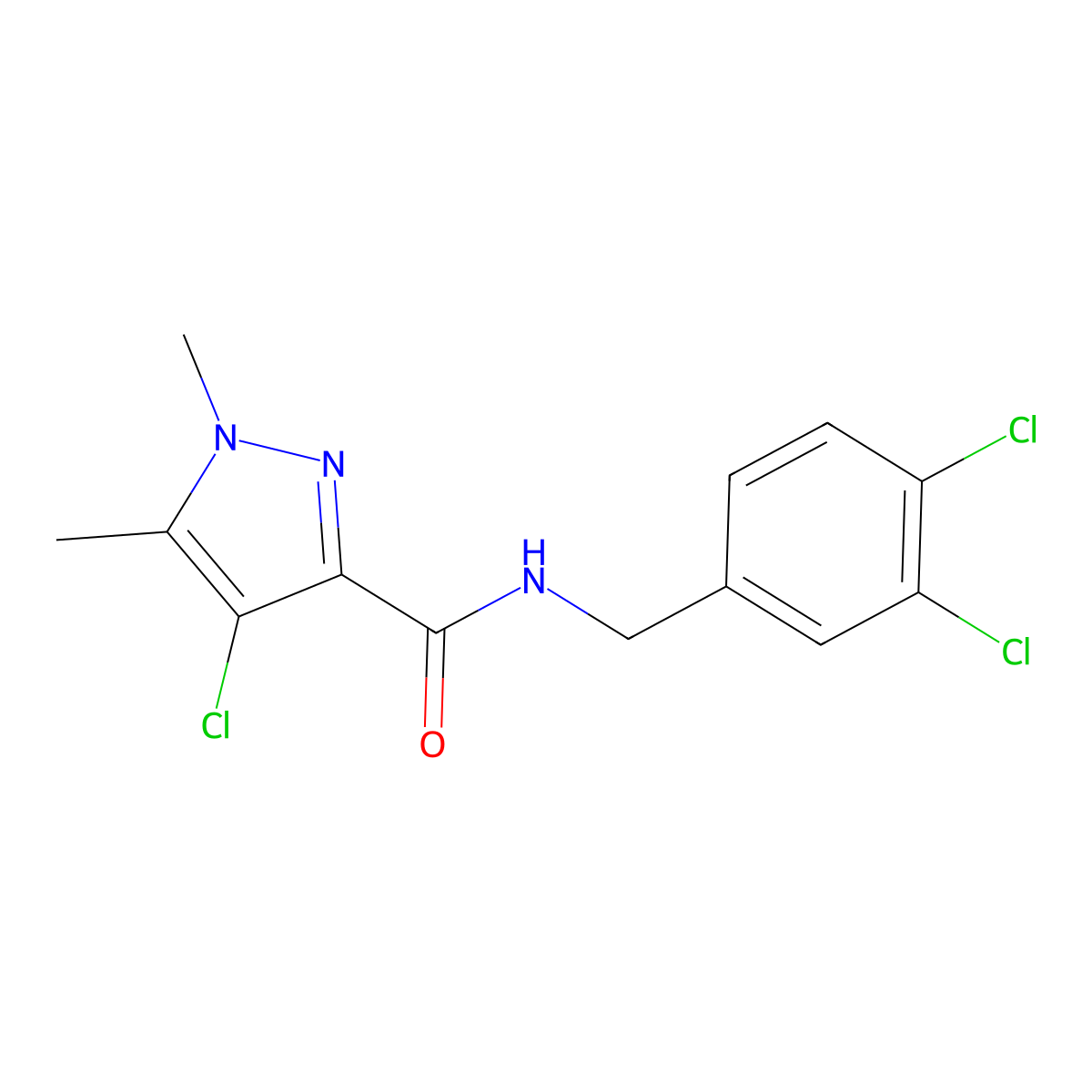 4-chloro-N-[(3,4-dichlorophenyl)methyl]-1,5-dimethylpyrazole-3-carboxamide molecular structure, CAS 514817-26-6