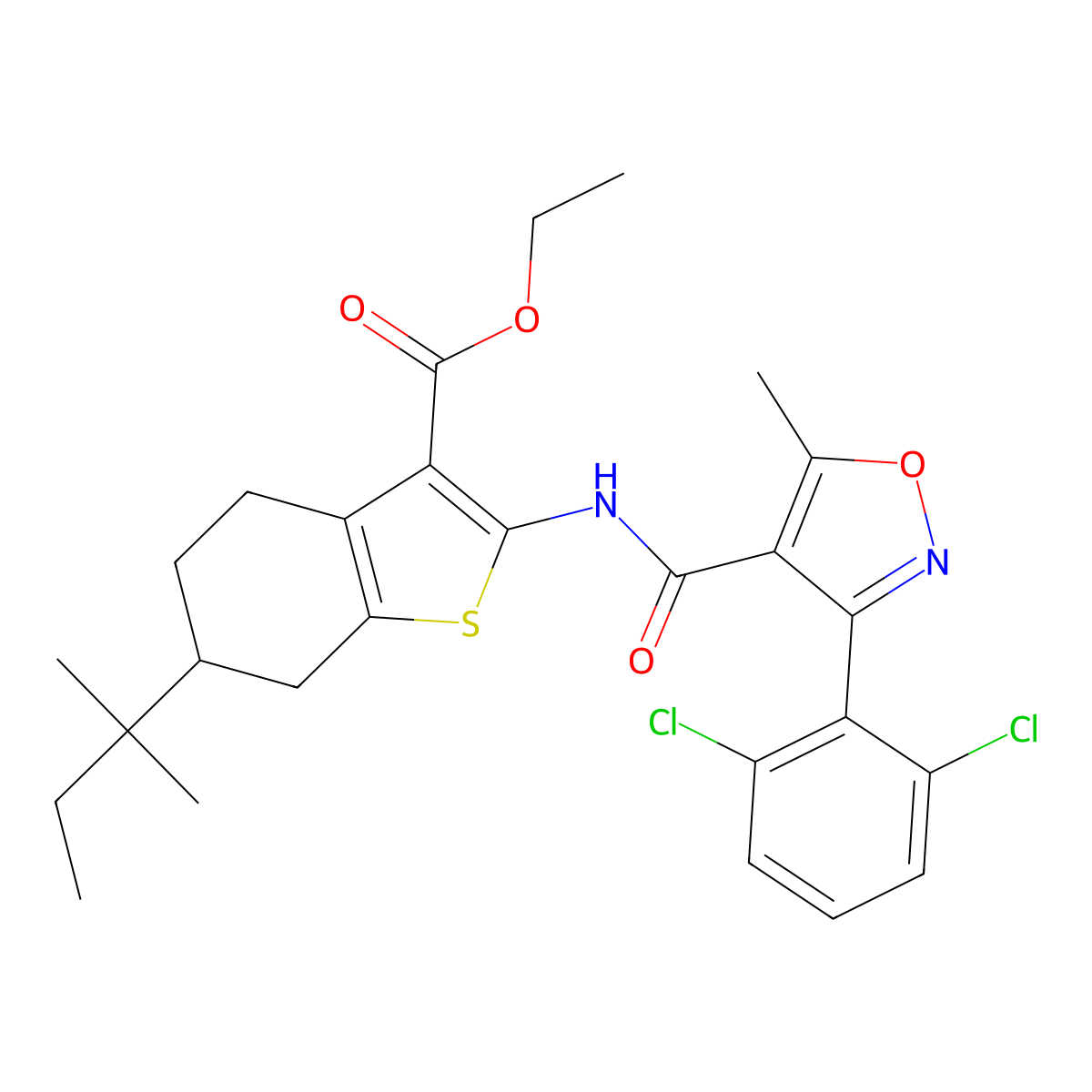 Ethyl 2-({[3-(2,6-dichlorophenyl)-5-methylisoxazol-4-yl]carbonyl}amino)-6-tert-pentyl-4,5,6,7-tetrahydro-1-benzothiophene-3-carboxylate molecular structure, CAS 514817-91-5