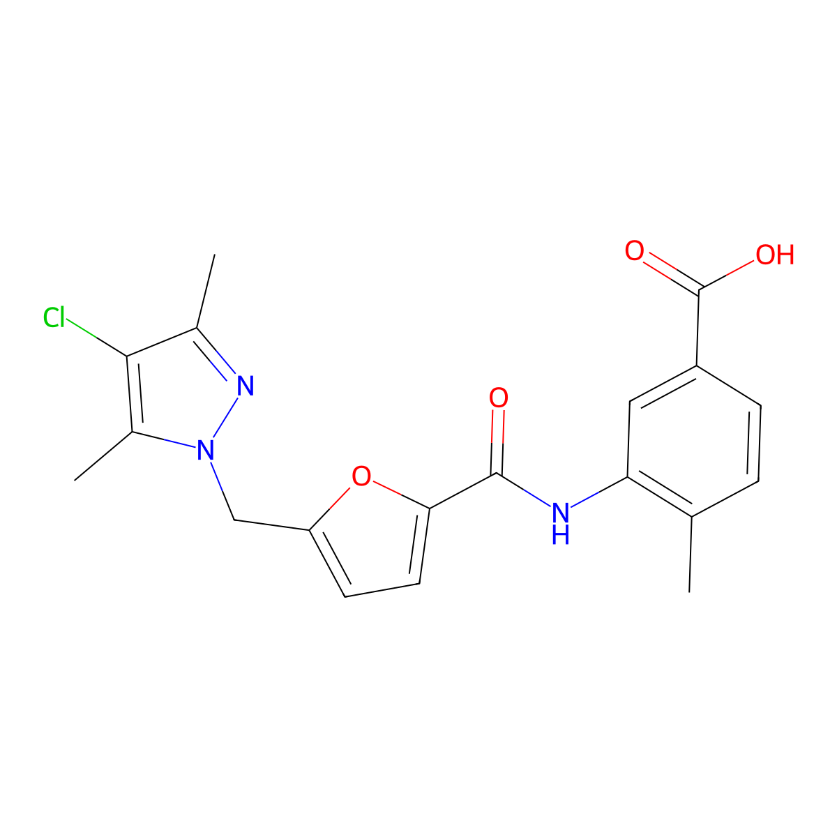 3-({5-[(4-chloro-3,5-dimethyl-1H-pyrazol-1-yl)methyl]-2-furoyl}amino)-4-methylbenzoic acid molecular structure, CAS 514817-95-9