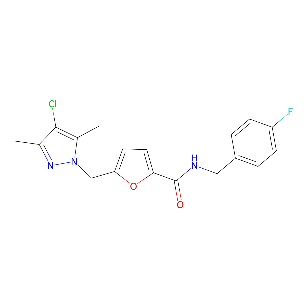 5-[(4-chloro-3,5-dimethylpyrazol-1-yl)methyl]-N-[(4-fluorophenyl)methyl]furan-2-carboxamide molecular structure, CAS 514818-15-6