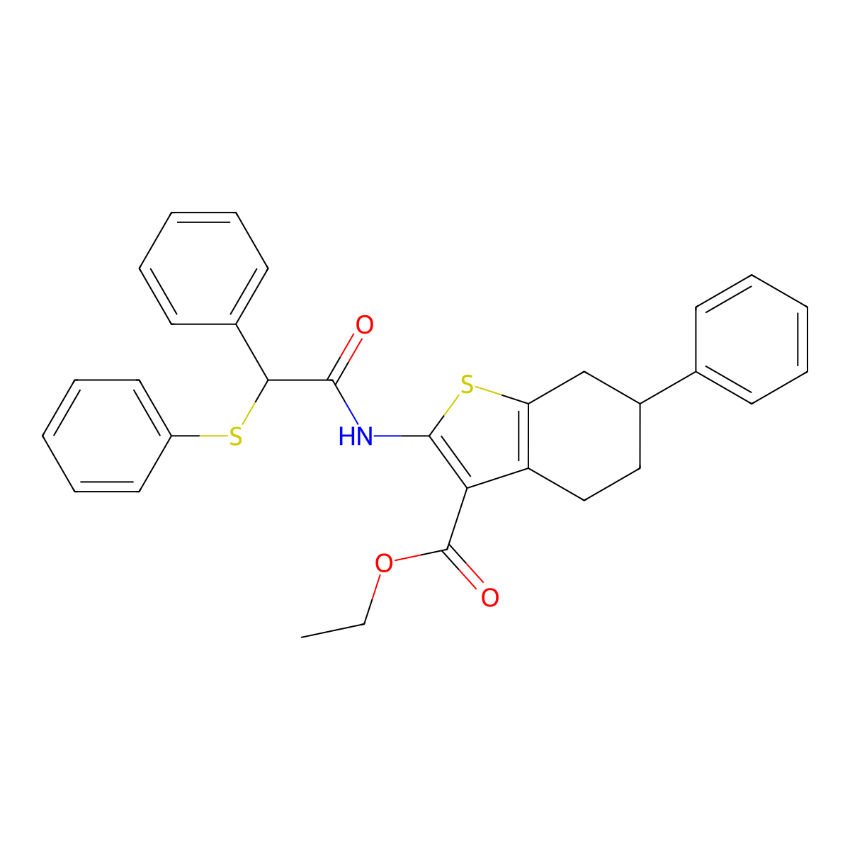 Ethyl 6-phenyl-2-{[phenyl(phenylsulfanyl)acetyl]amino}-4,5,6,7-tetrahydro-1-benzothiophene-3-carboxylate molecular structure, CAS 514818-39-4