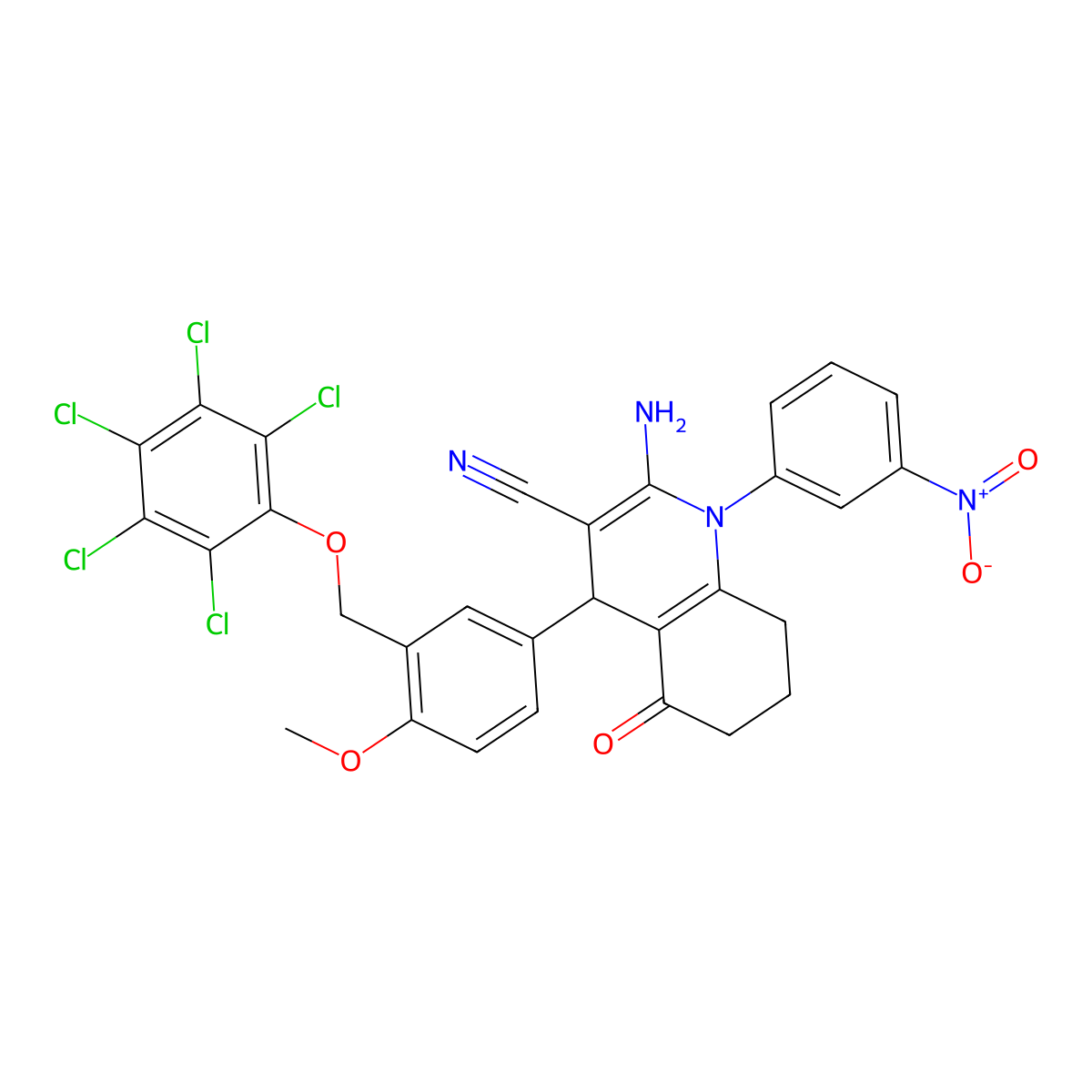 2-Amino-1-{3-nitrophenyl}-4-{4-methoxy-3-[(2,3,4,5,6-pentachlorophenoxy)methyl]phenyl}-5-oxo-1,4,5,6,7,8-hexahydroquinoline-3-carbonitrile molecular structure, CAS 514818-72-5