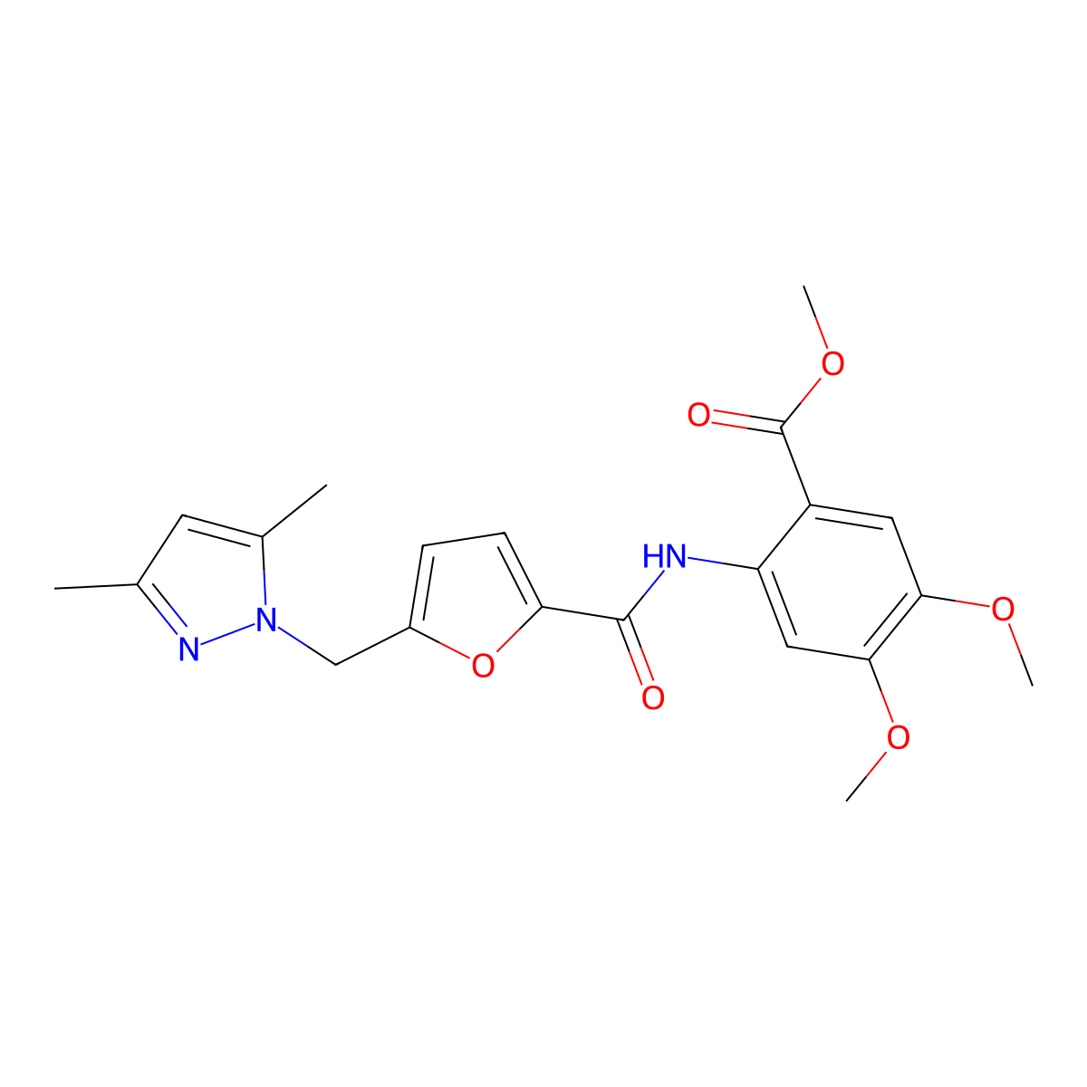 Methyl 2-[[5-[(3,5-dimethylpyrazol-1-yl)methyl]furan-2-carbonyl]amino]-4,5-dimethoxybenzoate molecular structure, CAS 514837-33-3