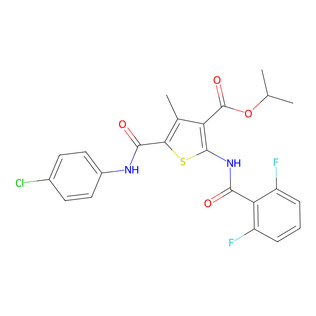 Propan-2-yl 5-[(4-chlorophenyl)carbamoyl]-2-[(2,6-difluorobenzoyl)amino]-4-methylthiophene-3-carboxylate molecular structure, CAS 514837-58-2