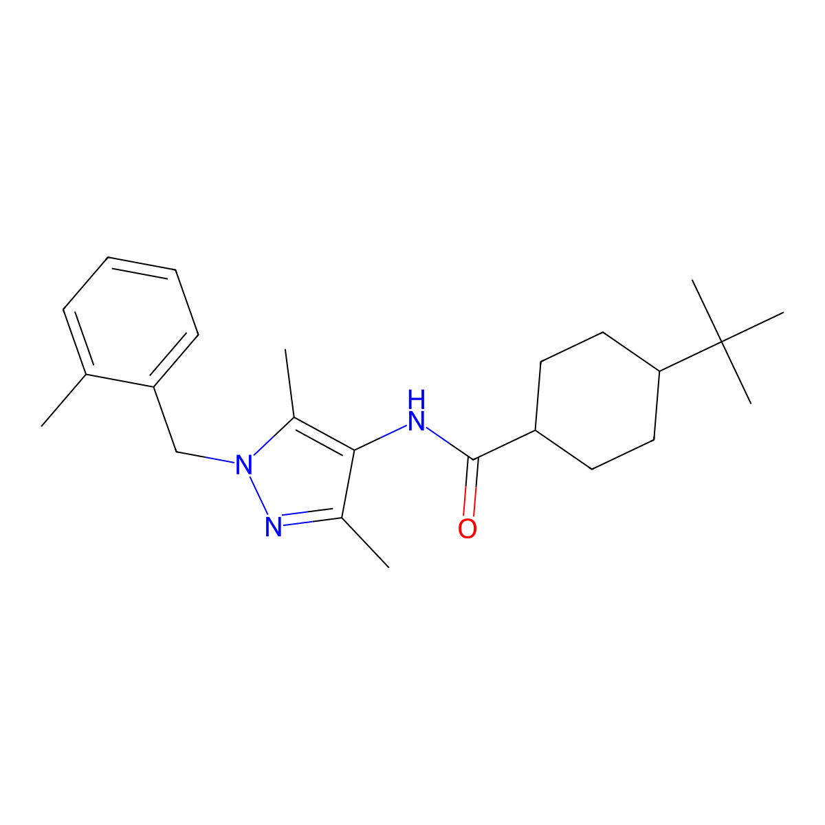 4-tert-butyl-N-[3,5-dimethyl-1-[(2-methylphenyl)methyl]pyrazol-4-yl]cyclohexane-1-carboxamide molecular structure, CAS 514837-68-4