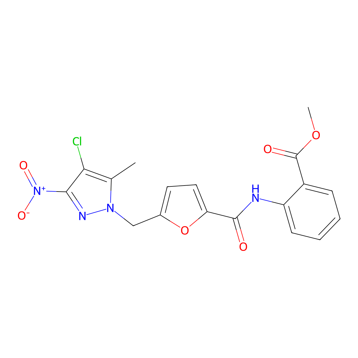 Methyl 2-[[5-[(4-chloro-5-methyl-3-nitropyrazol-1-yl)methyl]furan-2-carbonyl]amino]benzoate molecular structure, CAS 514837-70-8