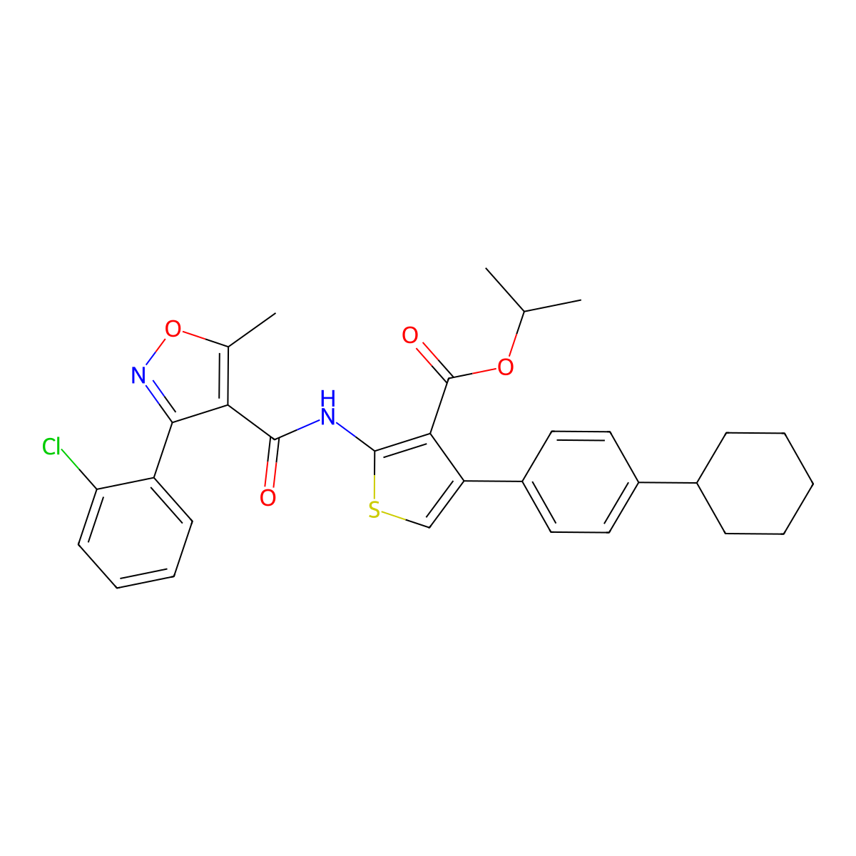 Propan-2-yl 2-[[3-(2-chlorophenyl)-5-methyl-1,2-oxazole-4-carbonyl]amino]-4-(4-cyclohexylphenyl)thiophene-3-carboxylate molecular structure, CAS 514837-75-3