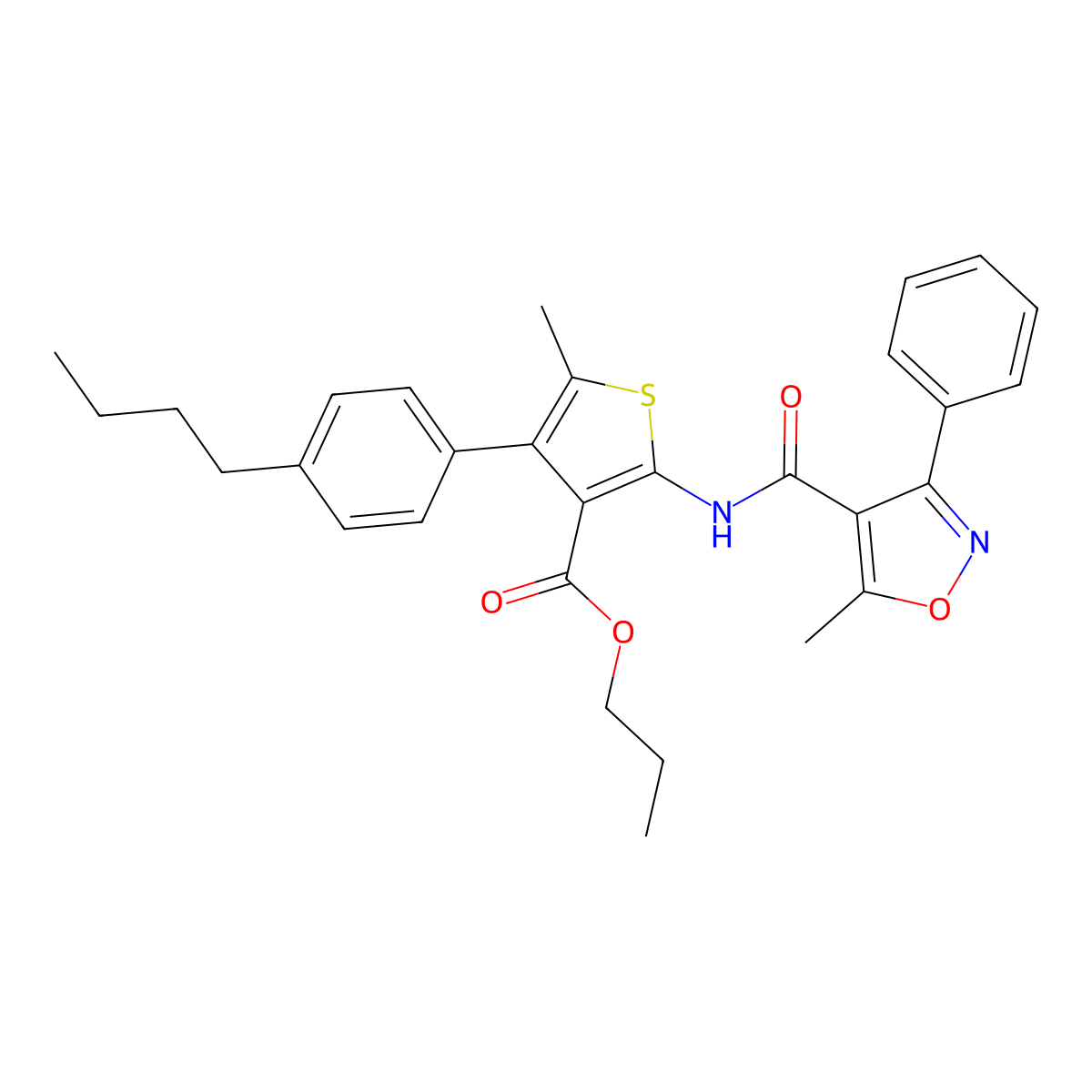 Propyl 4-(4-butylphenyl)-5-methyl-2-{[(5-methyl-3-phenyl-4-isoxazolyl)carbonyl]amino}-3-thiophenecarboxylate molecular structure, CAS 514837-82-2