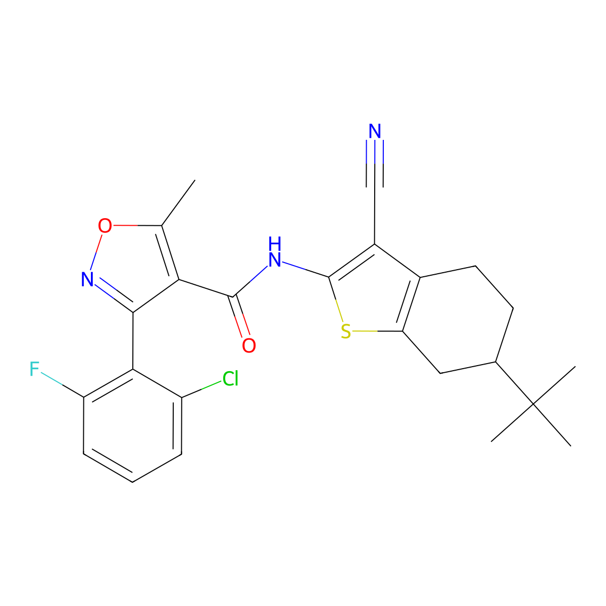 N-(6-tert-butyl-3-cyano-4,5,6,7-tetrahydro-1-benzothiophen-2-yl)-3-(2-chloro-6-fluorophenyl)-5-methyl-1,2-oxazole-4-carboxamide molecular structure, CAS 514839-13-5