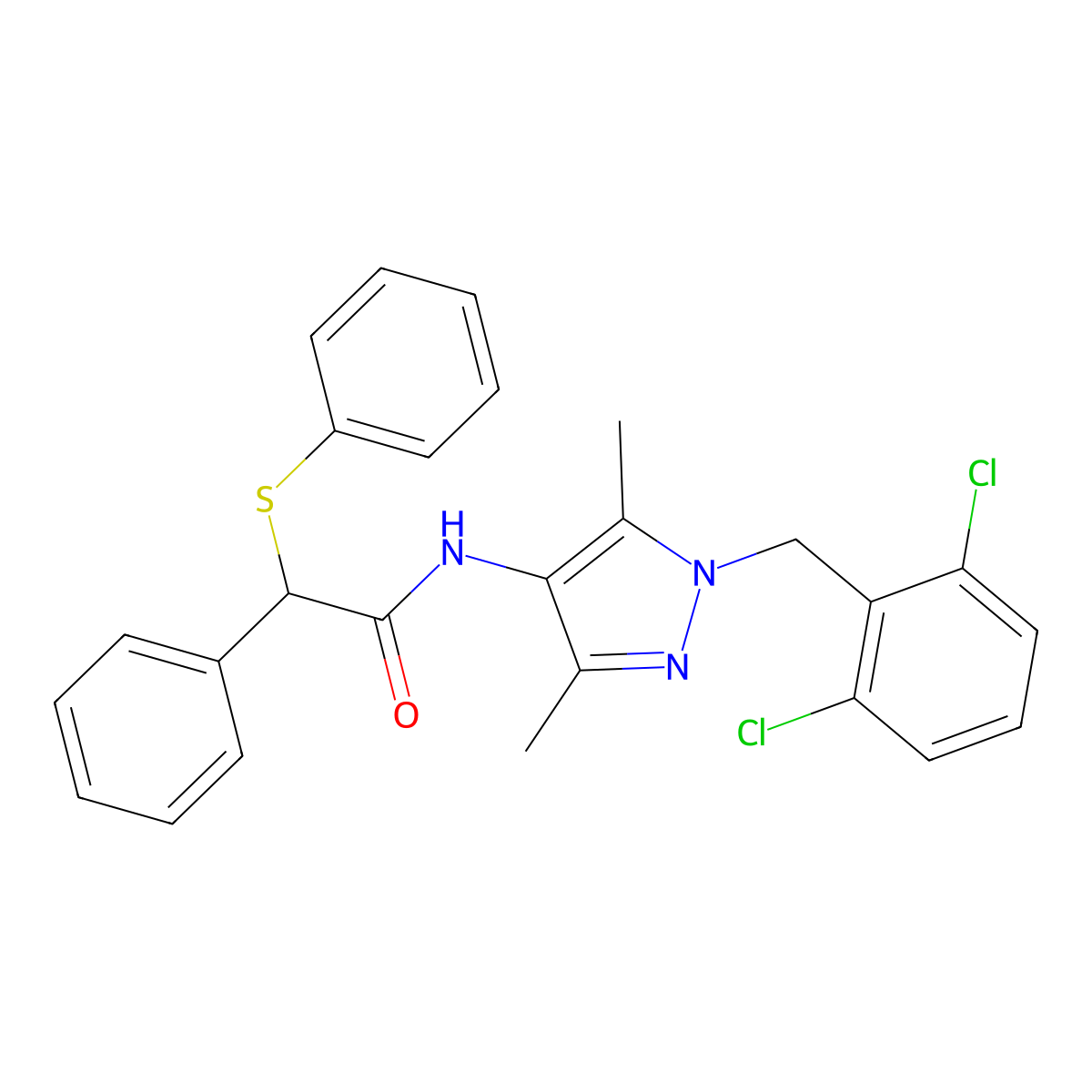 N-[1-(2,6-dichlorobenzyl)-3,5-dimethyl-1H-pyrazol-4-yl]-2-phenyl-2-(phenylsulfanyl)acetamide molecular structure, CAS 514839-17-9