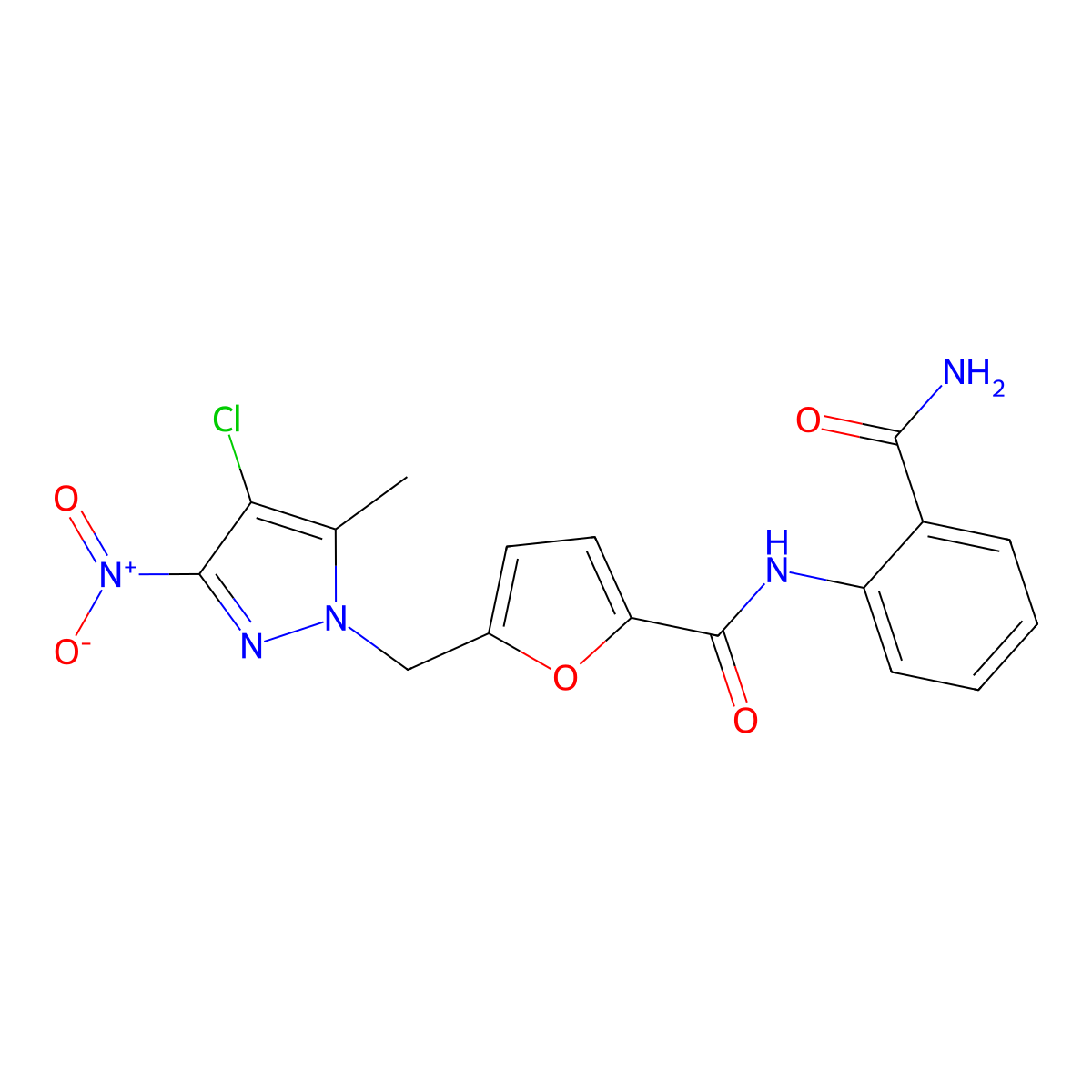 N-(2-carbamoylphenyl)-5-[(4-chloro-5-methyl-3-nitropyrazol-1-yl)methyl]furan-2-carboxamide molecular structure, CAS 514839-96-4