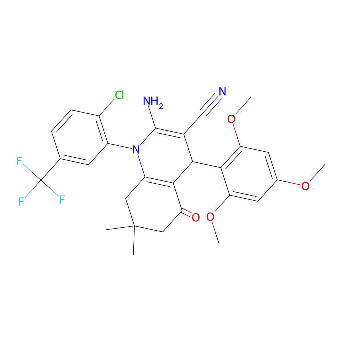 2-amino-1-[2-chloro-5-(trifluoromethyl)phenyl]-7,7-dimethyl-5-oxo-4-(2,4,6-trimethoxyphenyl)-6,8-dihydro-4H-quinoline-3-carbonitrile molecular structure, CAS 514840-08-5