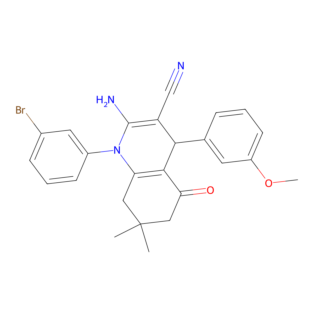 2-Amino-1-(3-bromophenyl)-4-(3-methoxyphenyl)-7,7-dimethyl-5-oxo-1,4,5,6,7,8-hexahydro-3-quinolinecarbonitrile molecular structure, CAS 514840-19-8