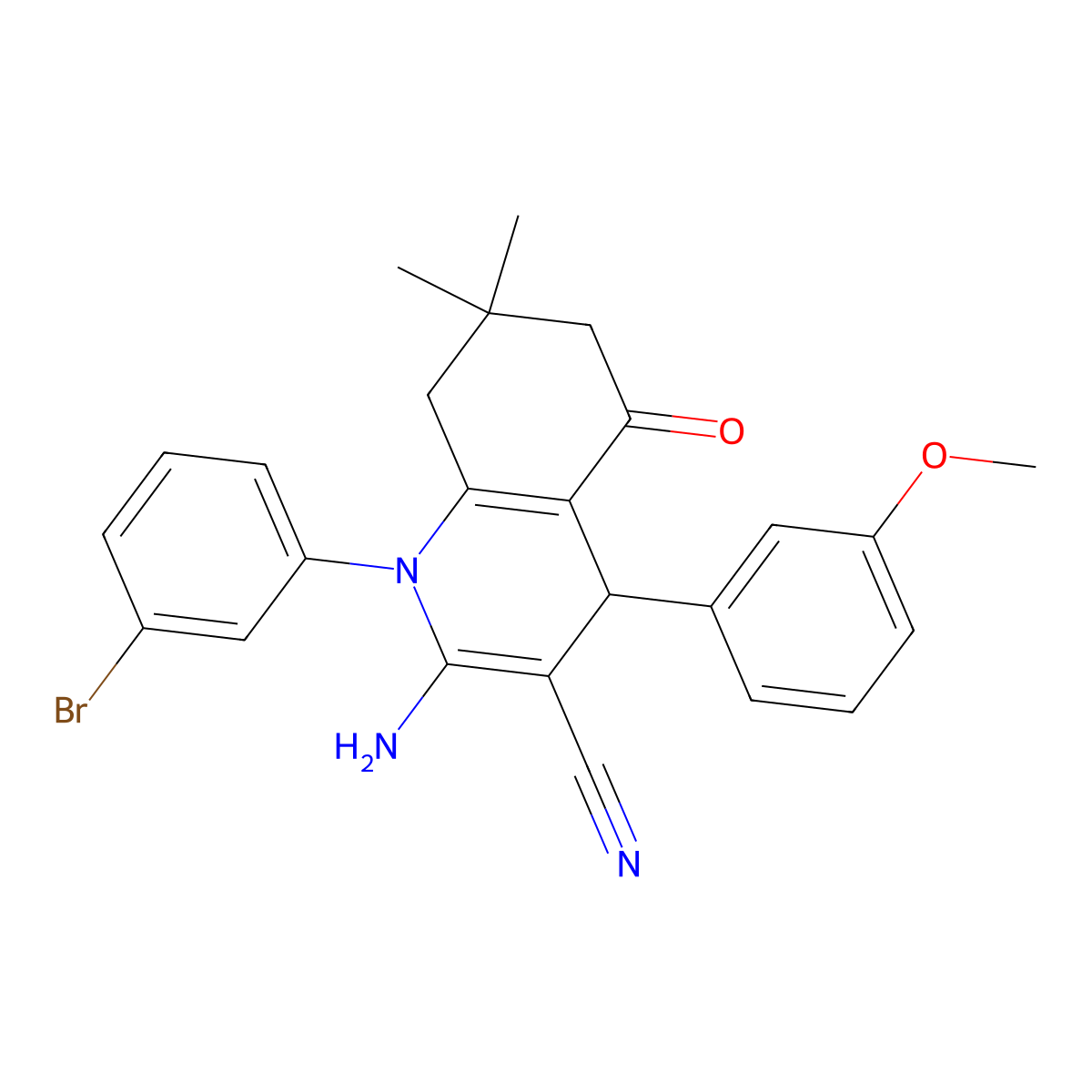2-Amino-1-(3-bromophenyl)-4-(3-methoxyphenyl)-7,7-dimethyl-5-oxo-1,4,5,6,7,8-hexahydro-3-quinolinecarbonitrile molecular structure, CAS 514840-19-8