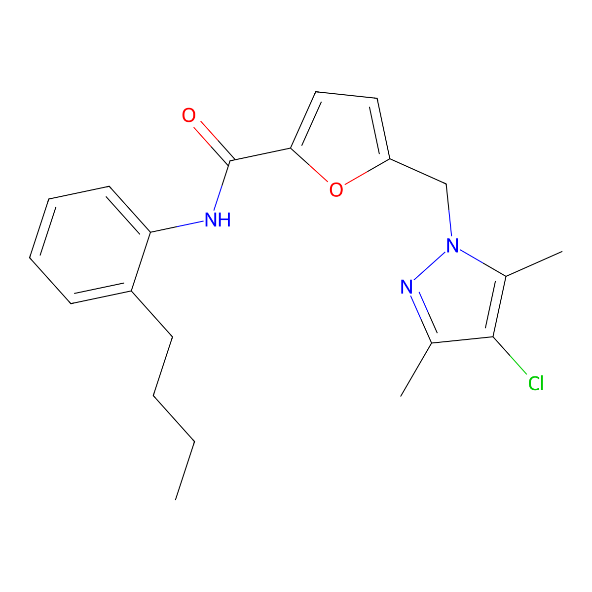 N-(2-butylphenyl)-5-[(4-chloro-3,5-dimethylpyrazol-1-yl)methyl]furan-2-carboxamide molecular structure, CAS 514841-05-5