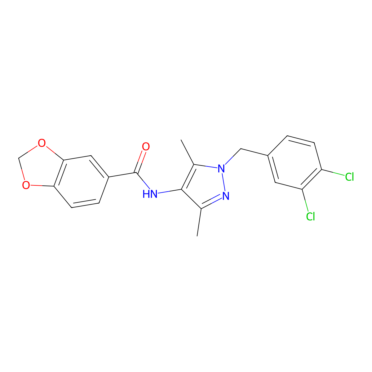 N-[1-(3,4-dichlorobenzyl)-3,5-dimethyl-1H-pyrazol-4-yl]-1,3-benzodioxole-5-carboxamide molecular structure, CAS 514842-22-9