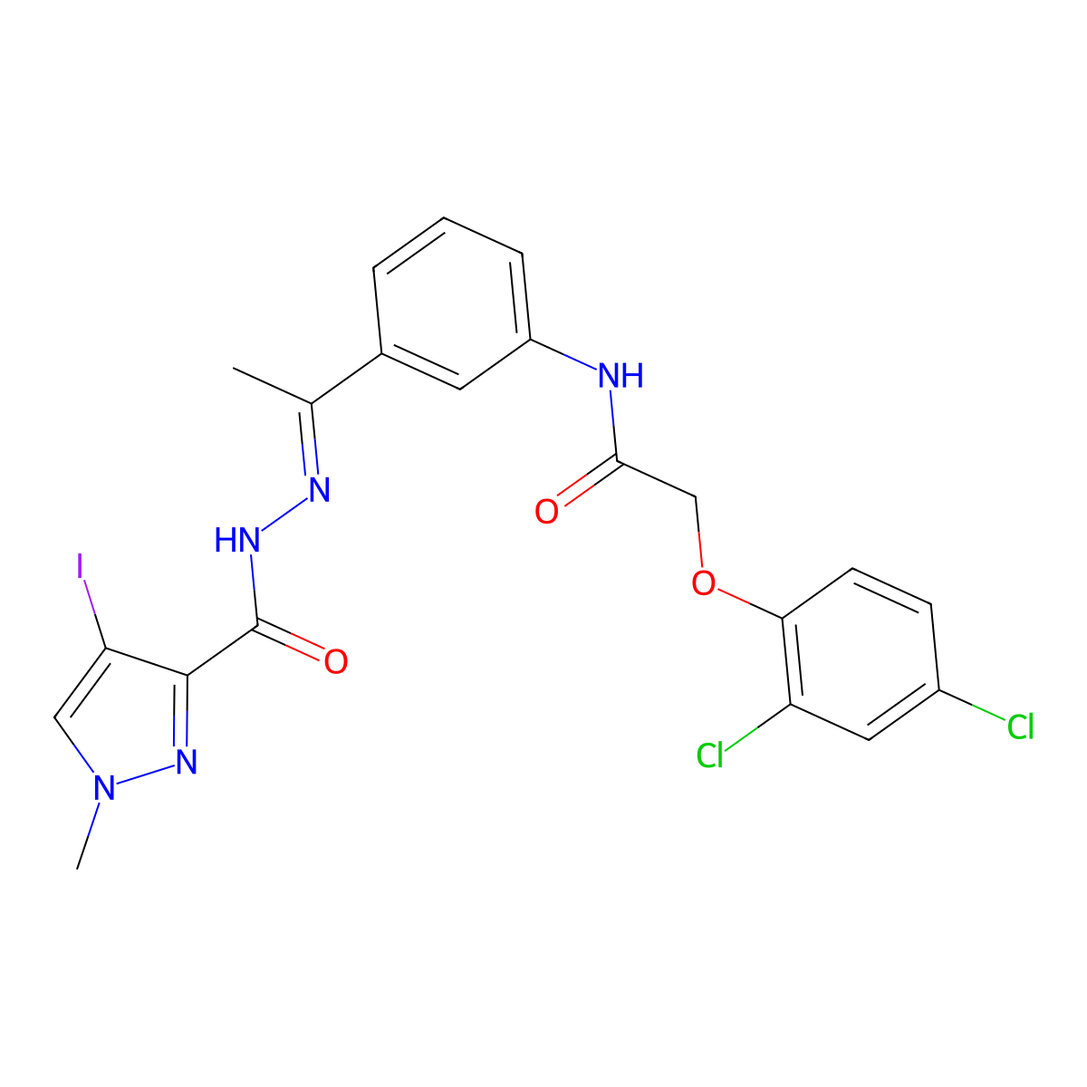 4-Iodo-1-methyl-1H-pyrazole-3-carboxylic acid 2-[1-[3-[[2-(2,4-dichlorophenoxy)acetyl]amino]phenyl]ethylidene]hydrazide molecular structure, CAS 514842-99-0