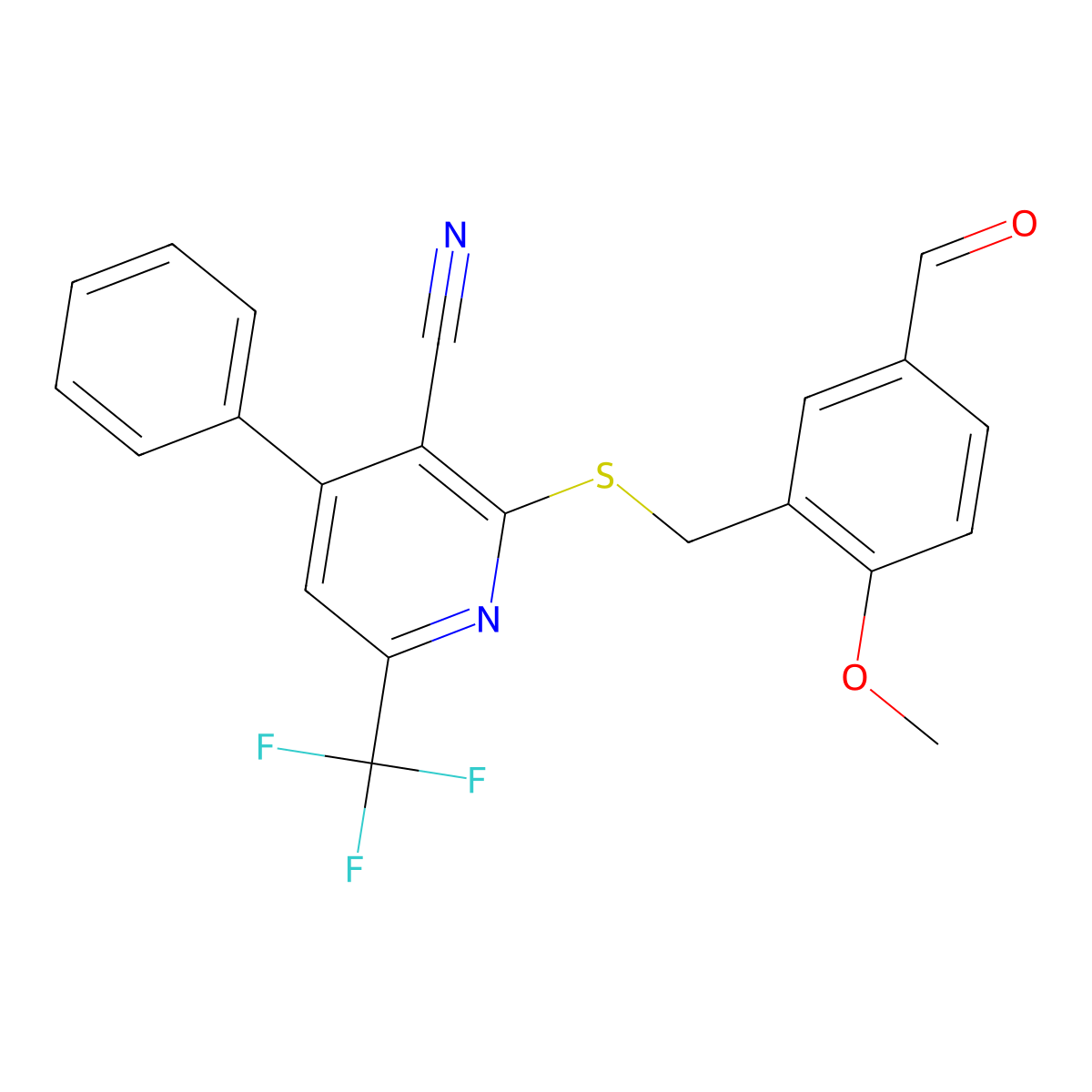 2-[(5-Formyl-2-methoxybenzyl)thio]-4-phenyl-6-(trifluoromethyl)nicotinonitrile molecular structure, CAS 514843-28-8