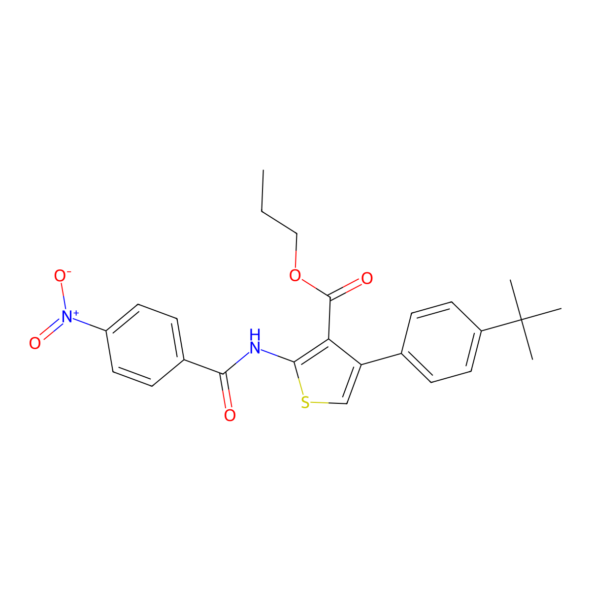 Propyl 4-(4-tert-butylphenyl)-2-({4-nitrobenzoyl}amino)-3-thiophenecarboxylate molecular structure, CAS 514854-53-6