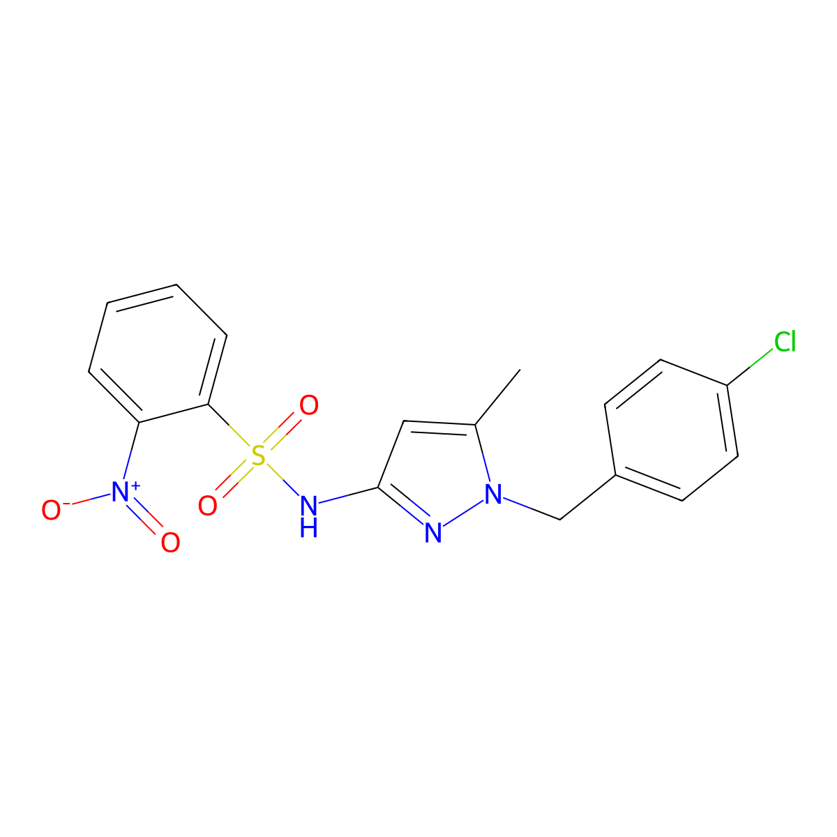 N-[1-[(4-chlorophenyl)methyl]-5-methylpyrazol-3-yl]-2-nitrobenzenesulfonamide molecular structure, CAS 514855-29-9