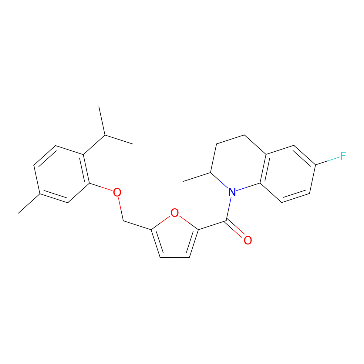 (6-fluoro-2-methyl-3,4-dihydro-2H-quinolin-1-yl)-[5-[(5-methyl-2-propan-2-ylphenoxy)methyl]furan-2-yl]methanone molecular structure, CAS 514855-73-3
