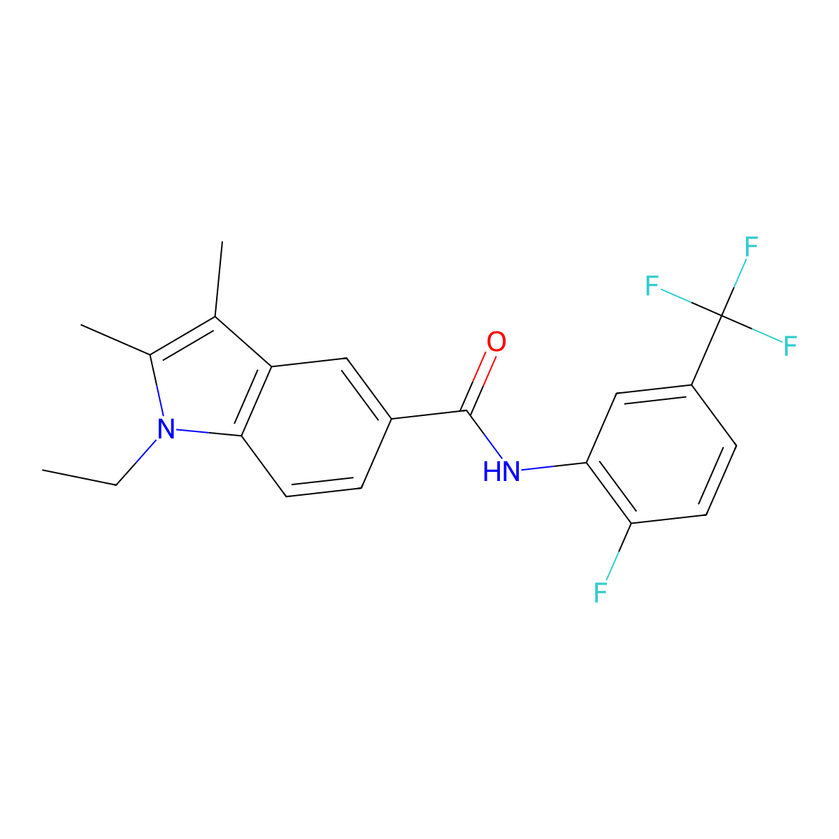 1-ethyl-N-[2-fluoro-5-(trifluoromethyl)phenyl]-2,3-dimethyl-1H-indole-5-carboxamide molecular structure, CAS 514855-88-0