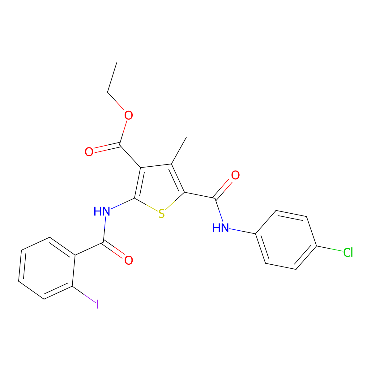 Ethyl 5-[(4-chloroanilino)carbonyl]-2-[(2-iodobenzoyl)amino]-4-methyl-3-thiophenecarboxylate molecular structure, CAS 514856-03-2